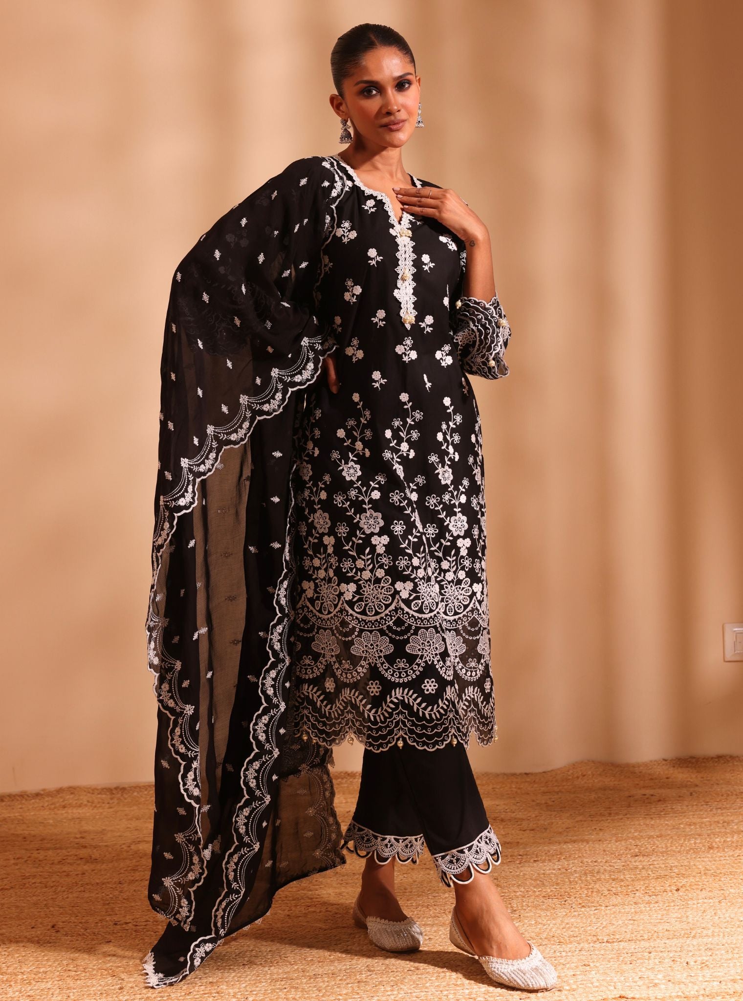 Mulmul Cotton Suma Black Kurta With Mulmul Cotton Ilya Black Pant