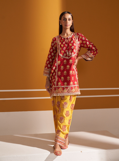 Khumari Pima Satin Red Kurta Set