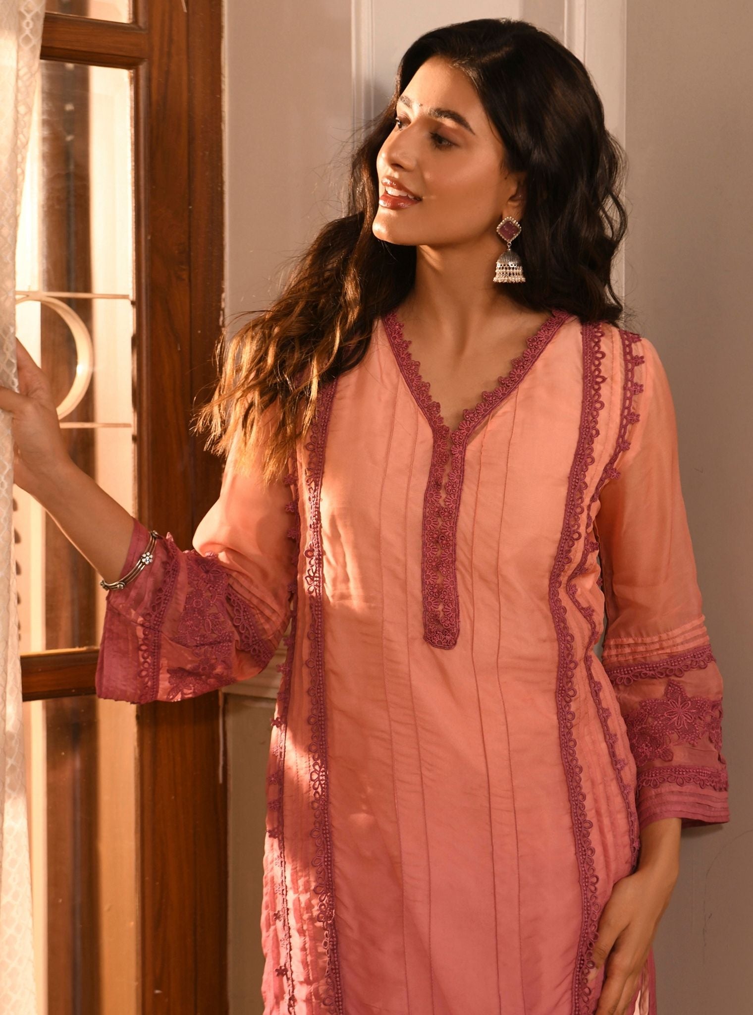 Mulmul Organza Vaya Pink Kurta With Mulmul Cotton Vaya Pink Pant