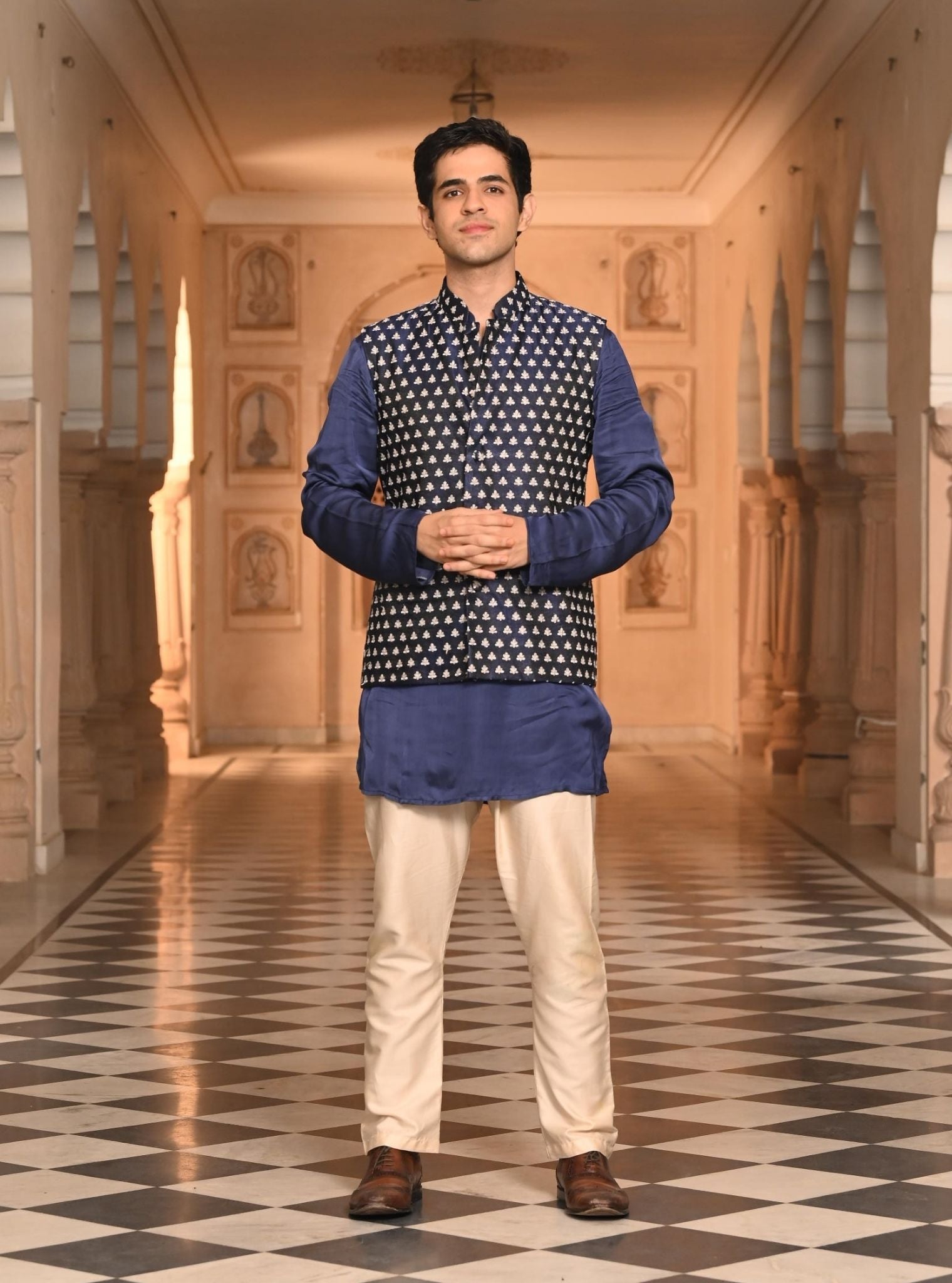 Mulmul Organza Satin Shyam with jacket Navy Men Kurta with Mulmul Pima Satin Shava Off White Pyajama