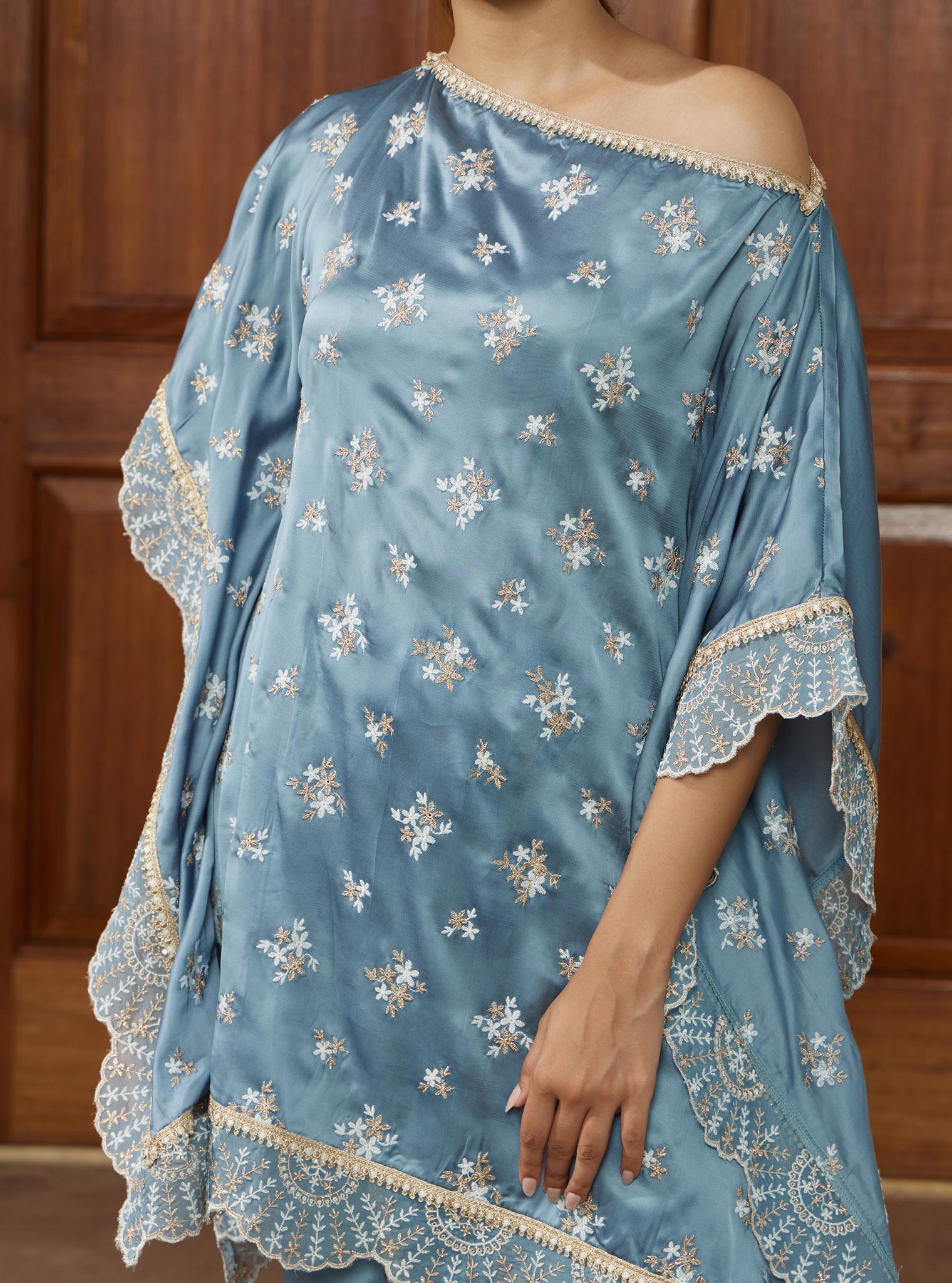 Mulmul Cupro Kasuni Wedgewood Kaftan with Mulmul Cupro Kasuni Dhoti Wedgewood Pant