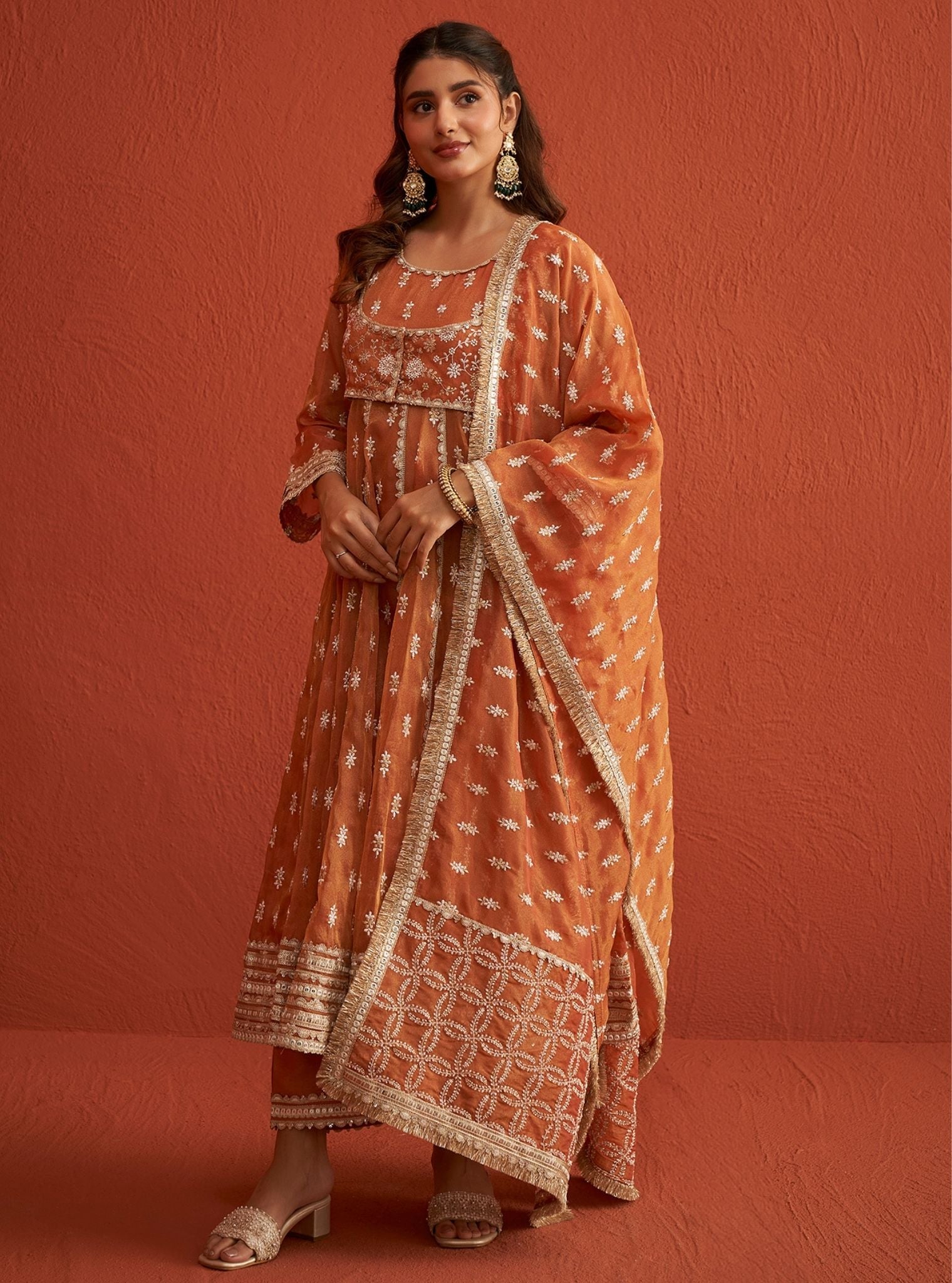 Mulmul Royal Tissue Genda Burnt Orange Anarkali Kurta With Mulmul Luxe Tissue Genda Burnt Orange Pant