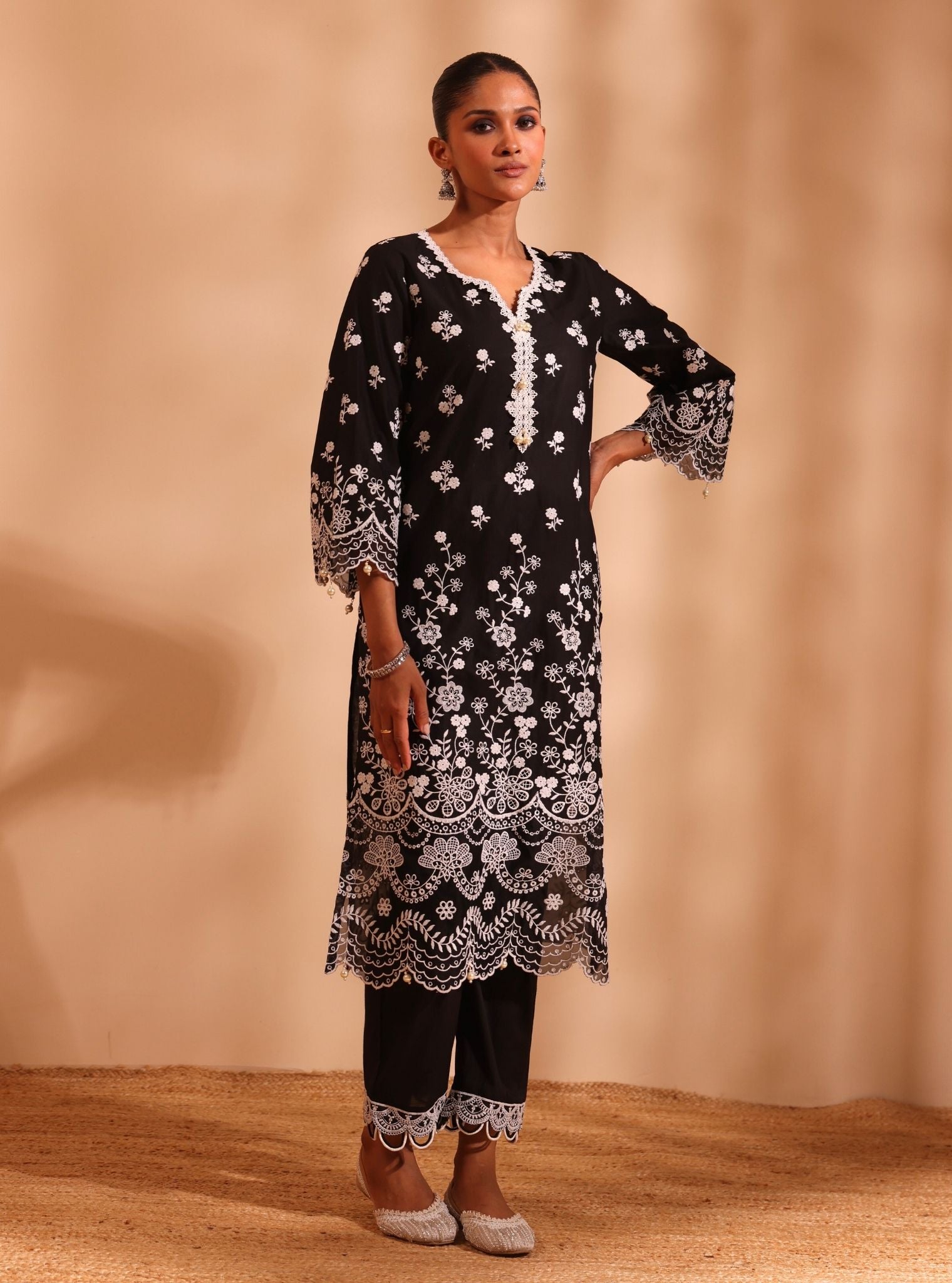 Mulmul Cotton Suma Black Kurta With Mulmul Cotton Ilya Black Pant