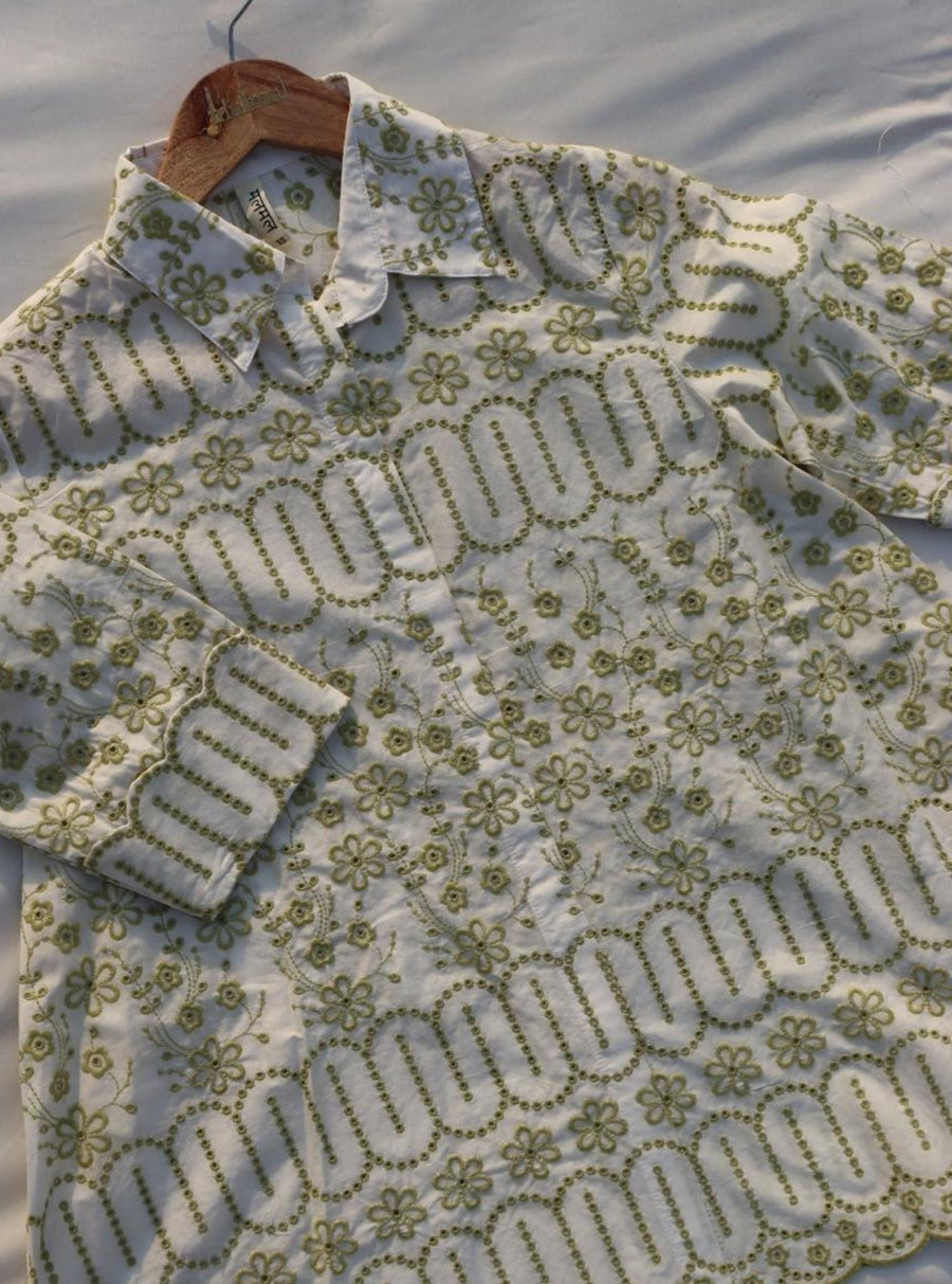 Petal Glow White Shirt in Pure Cotton Mulmul