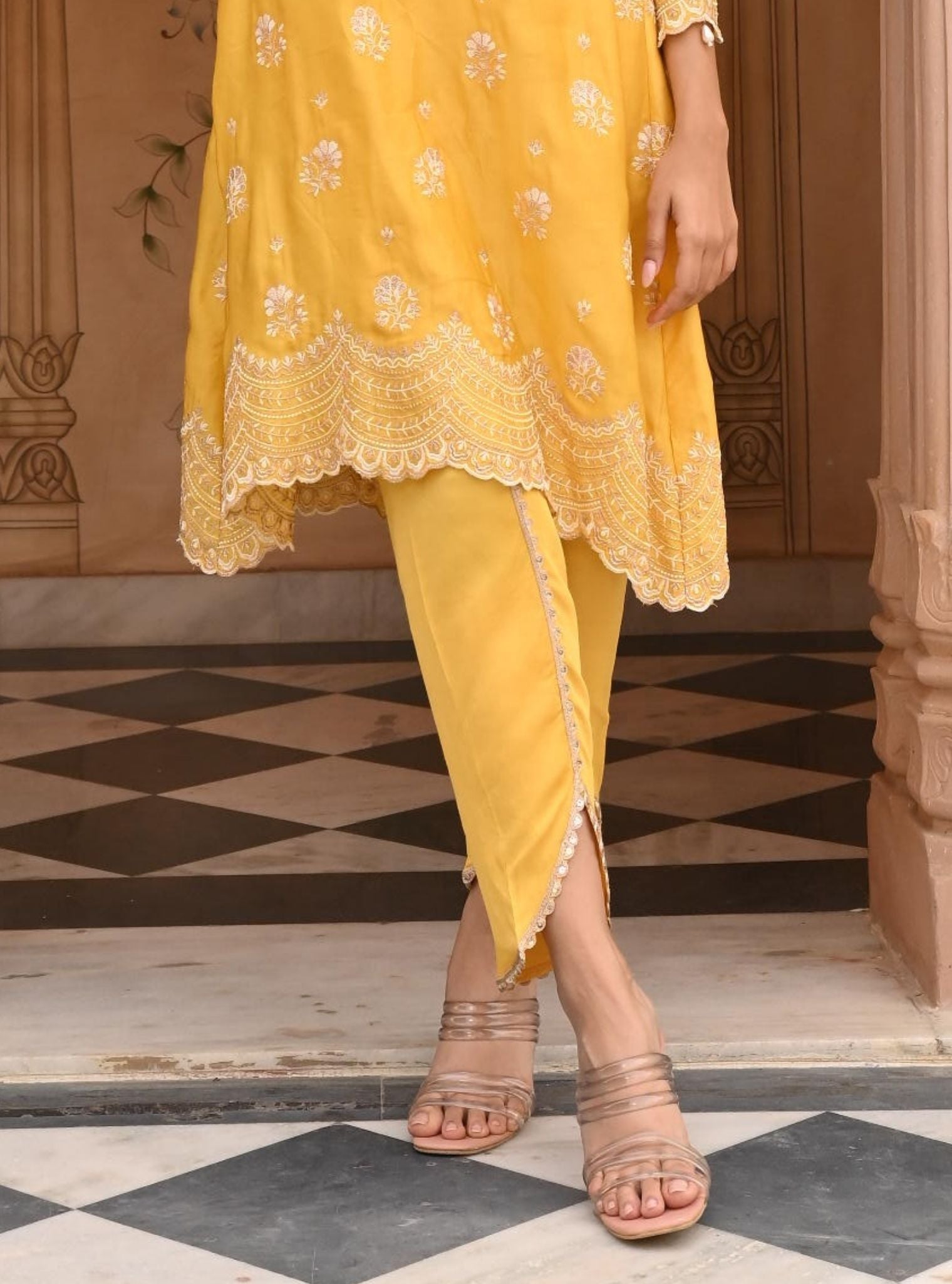 Mulmul Luxe Satin Mehar Yellow Kurta with Mulmul Luxe Satin Mehar Yellow Pant