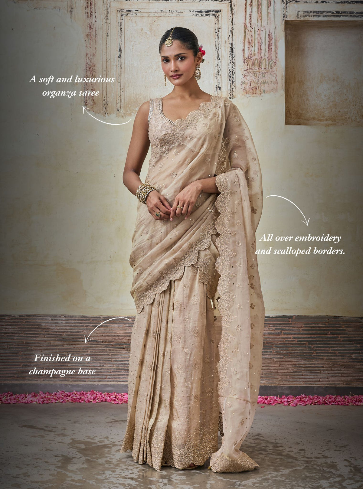 Adiva Lurex Organza Champagne Pre-draped Saree