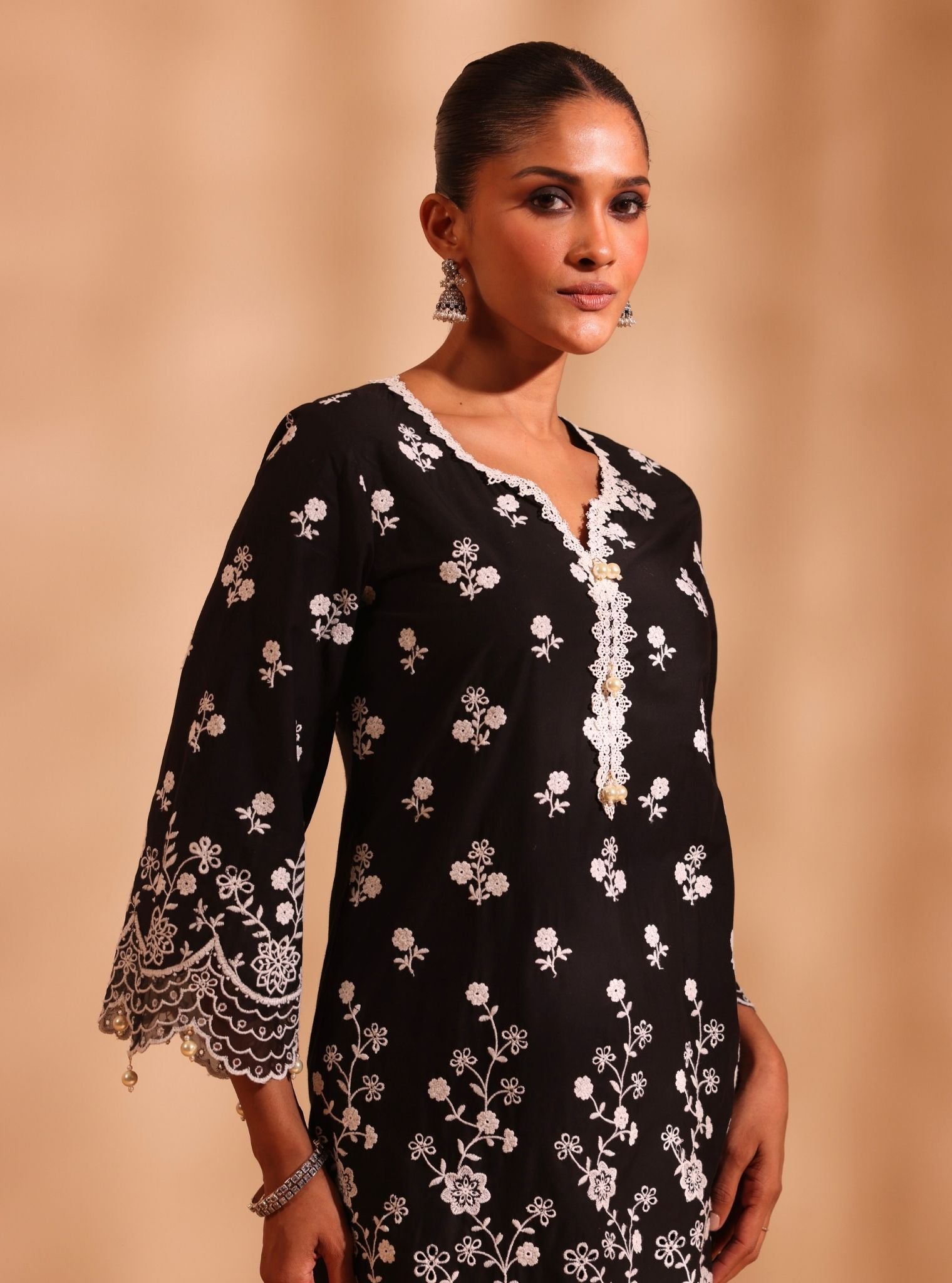 Mulmul Cotton Suma Black Kurta With Mulmul Cotton Ilya Black Pant