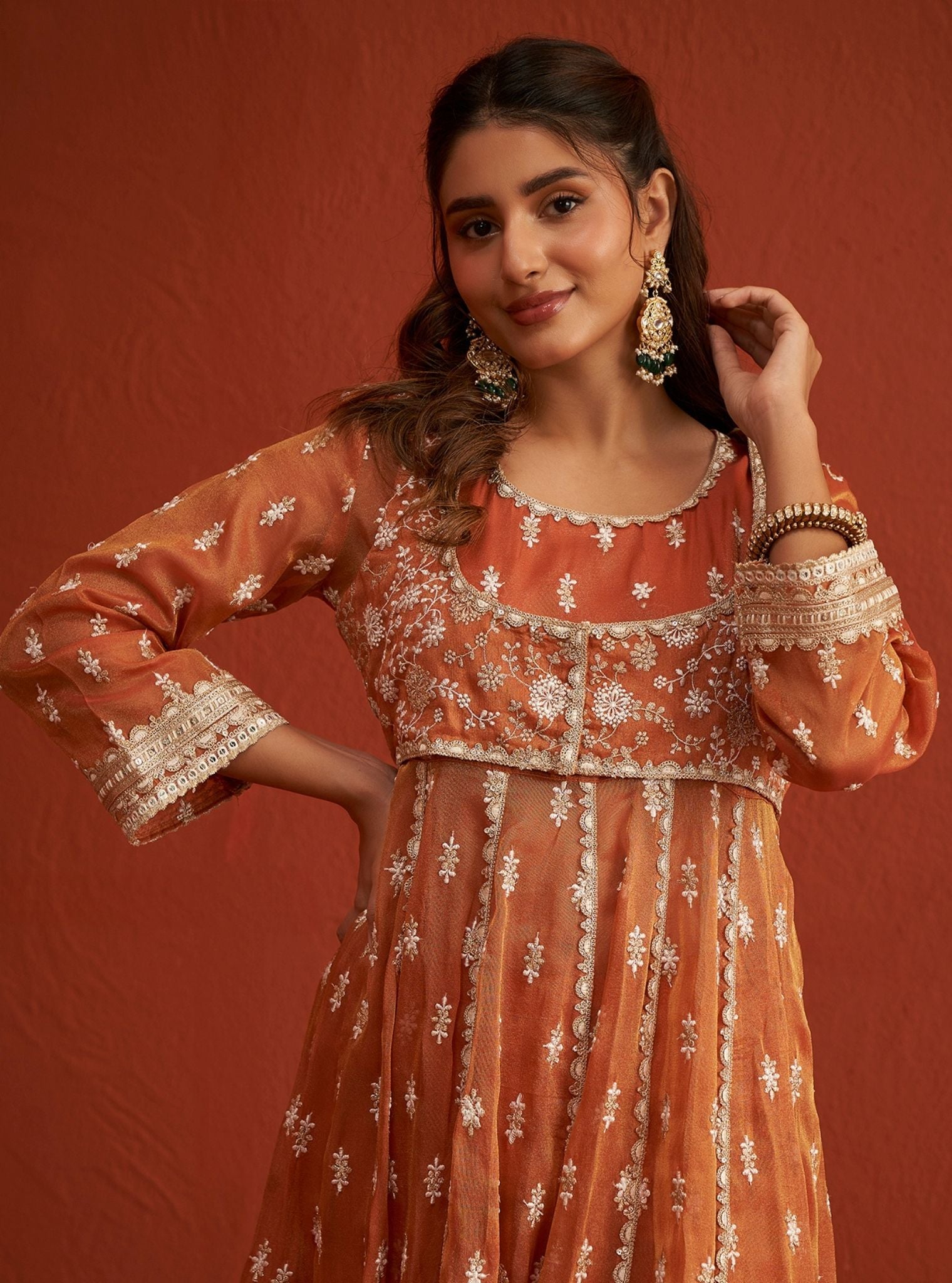 Mulmul Royal Tissue Genda Burnt Orange Anarkali Kurta With Mulmul Luxe Tissue Genda Burnt Orange Pant