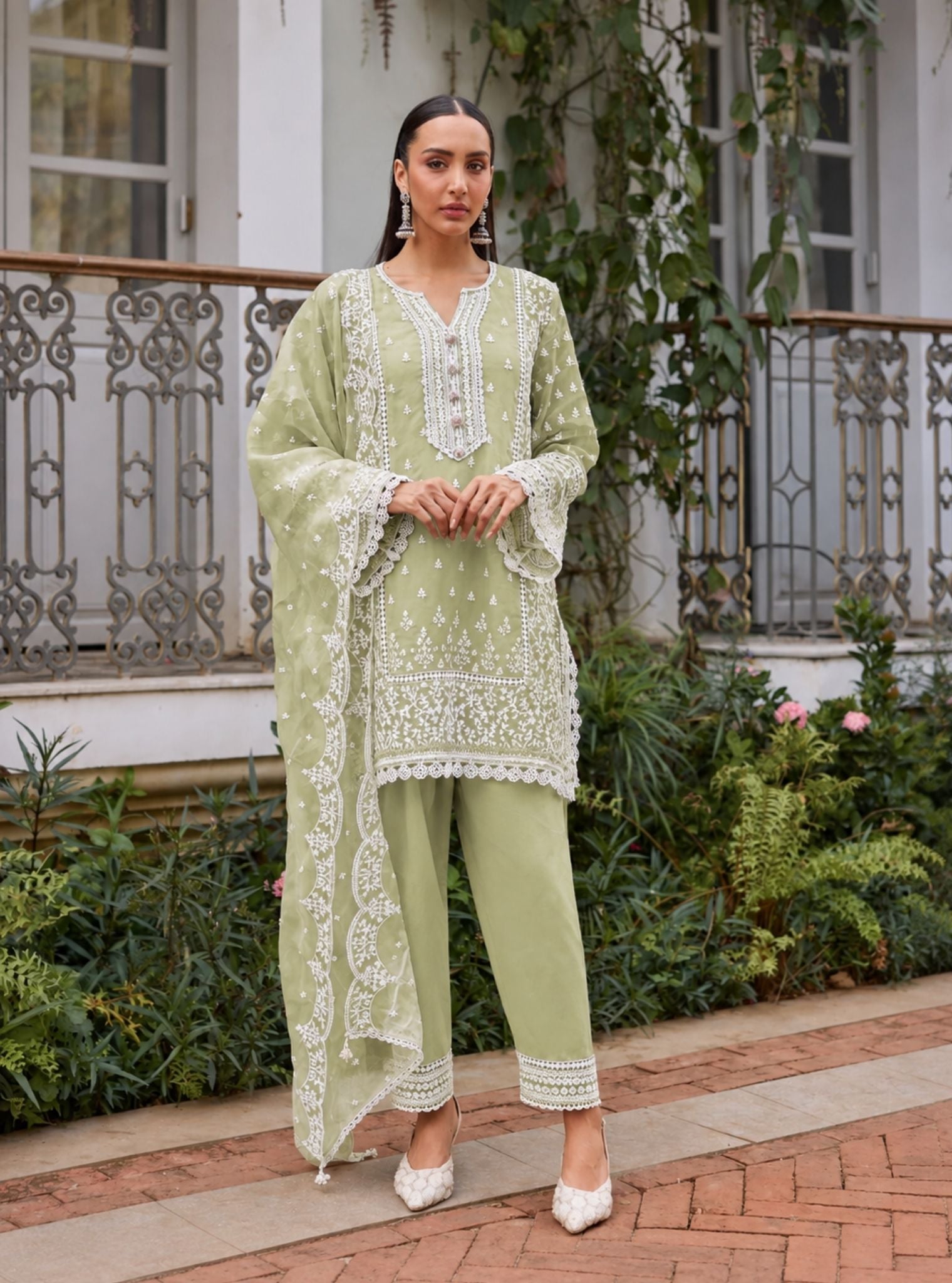 Meyo Organza Pista Green Kurta Set