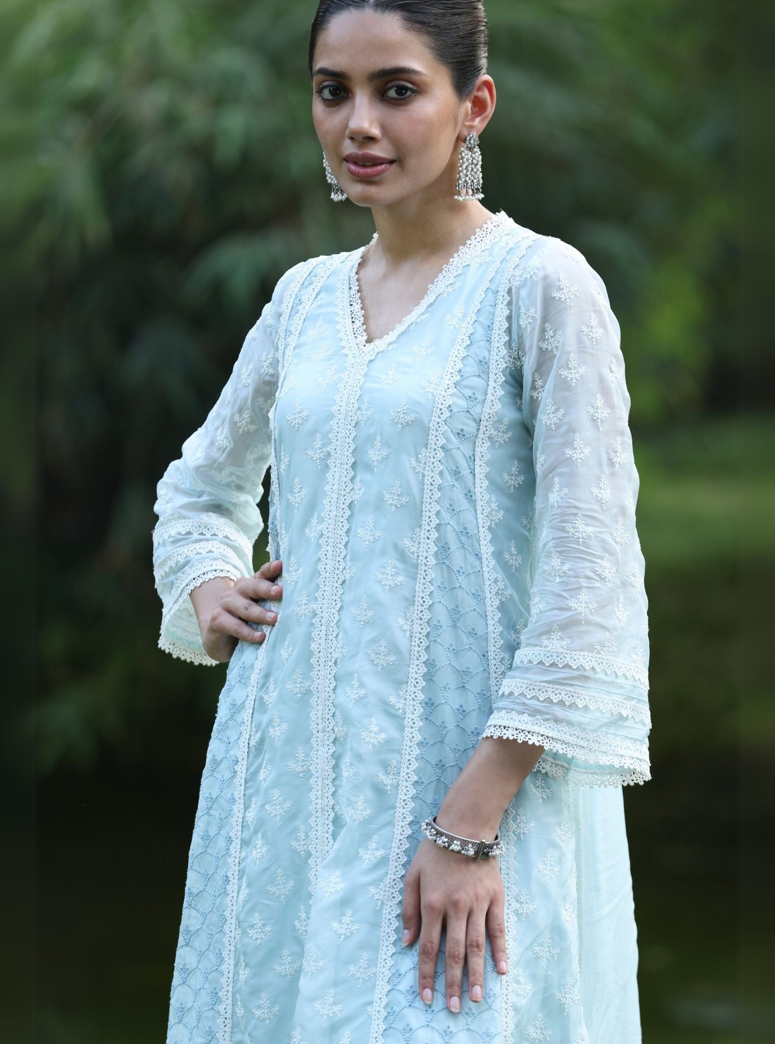 Mulmul Organza Maheen Blue Anarkali Kurta With Mulmul Cotton Maheen Blue Pant