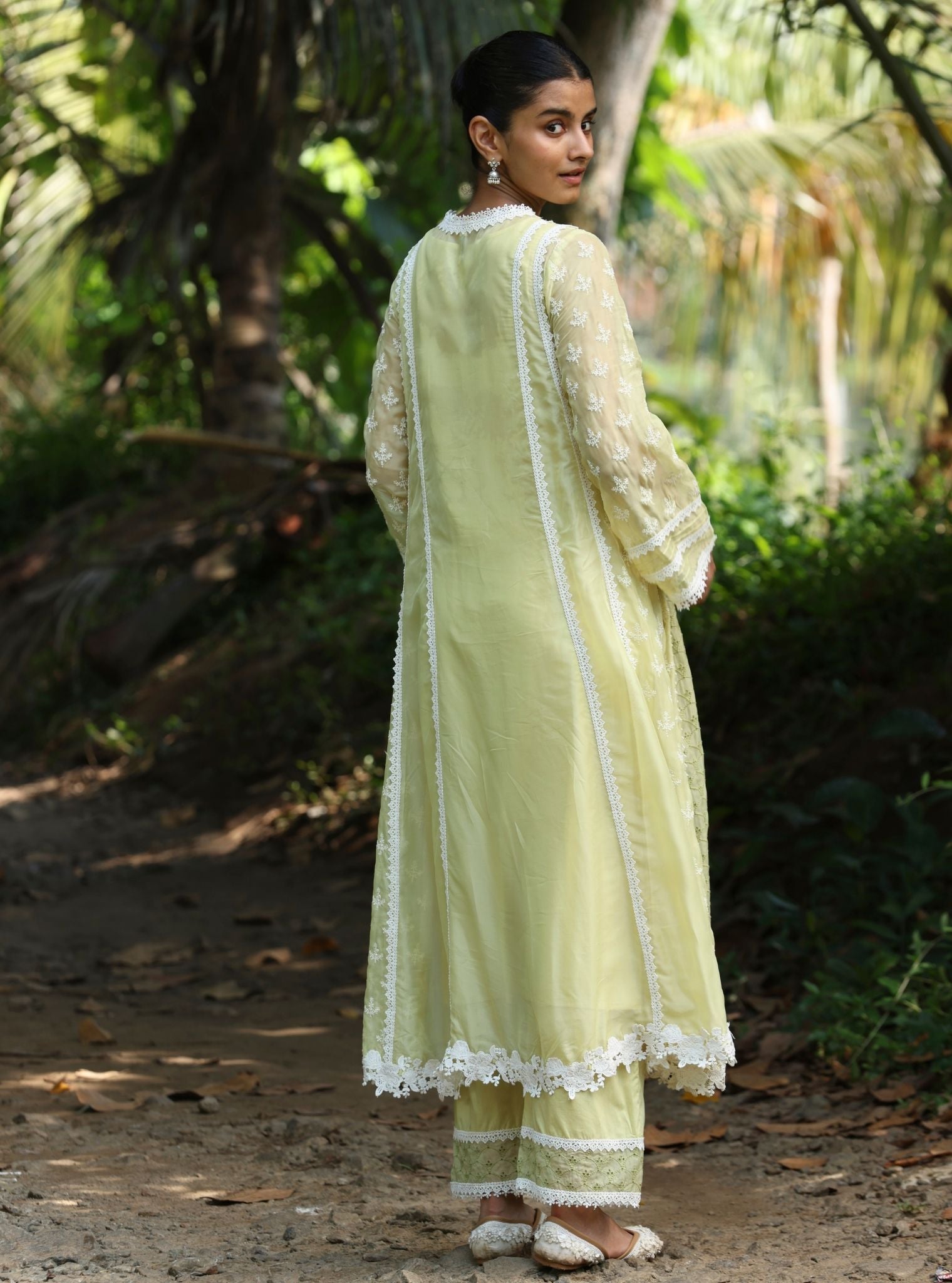 Mulmul Organza Maheen Lime Anarkali Kurta With Mulmul Cotton Maheen Lime Pant