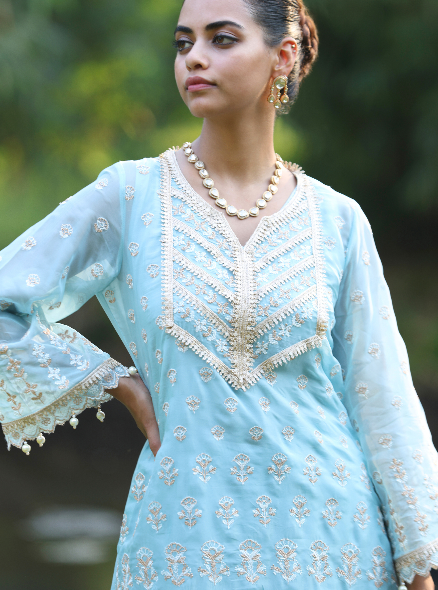 Mulmul Organza Kahani Blue Kurta With Mulmul Organza Kahani Blue Sharara