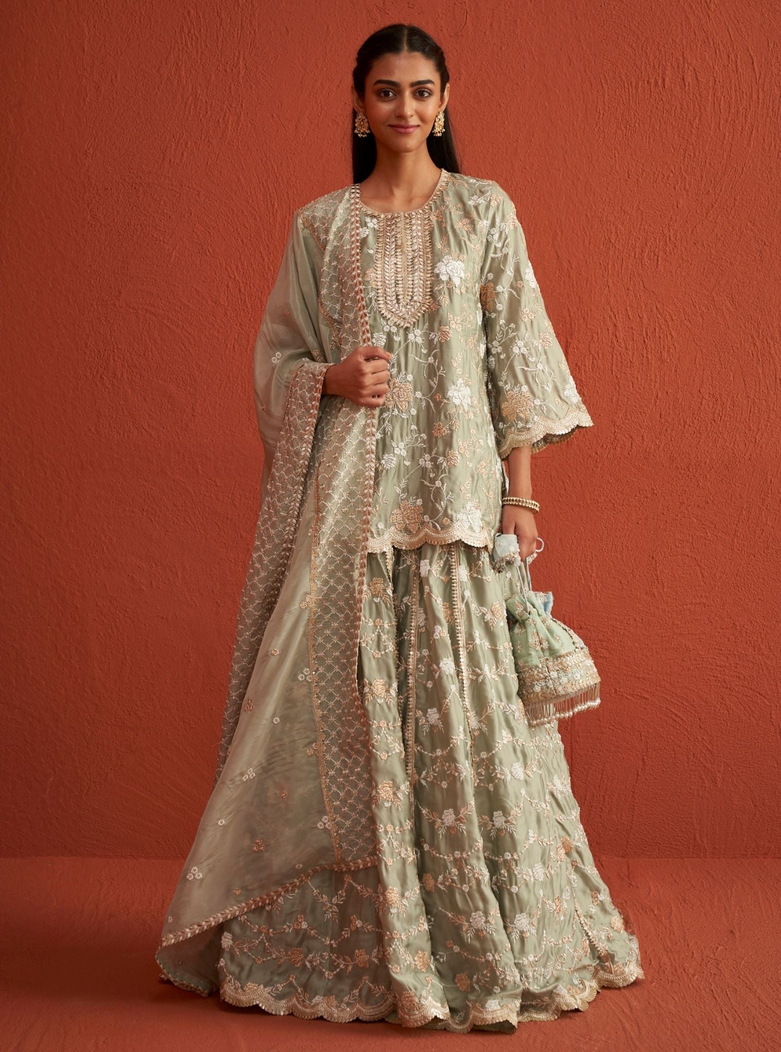 Mulmul Organza Satin Fitoor Sage Green Kurta With Mulmul Organza Satin Fitoor Sage Green Lehenga