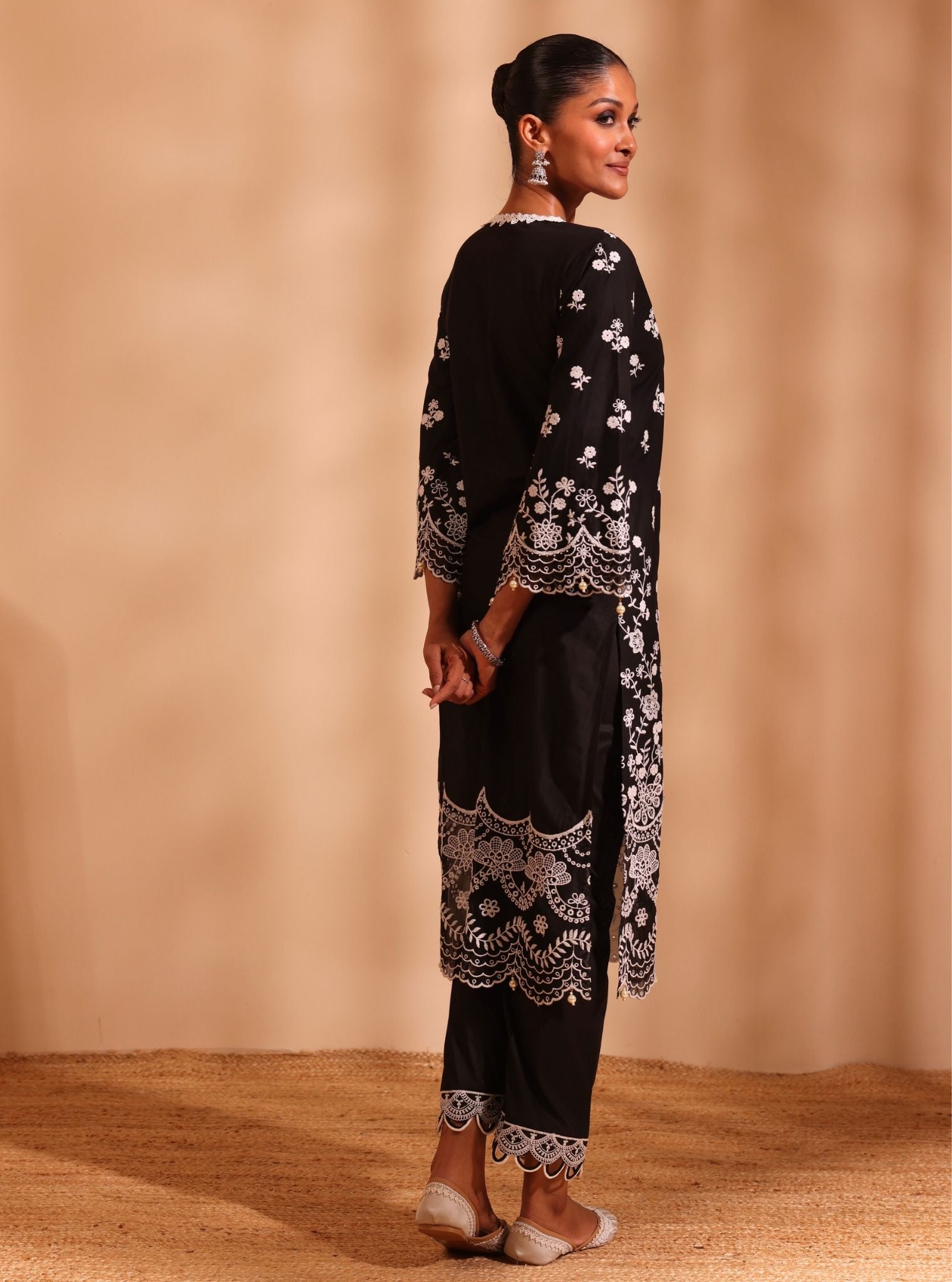 Mulmul Cotton Suma Black Kurta With Mulmul Cotton Ilya Black Pant