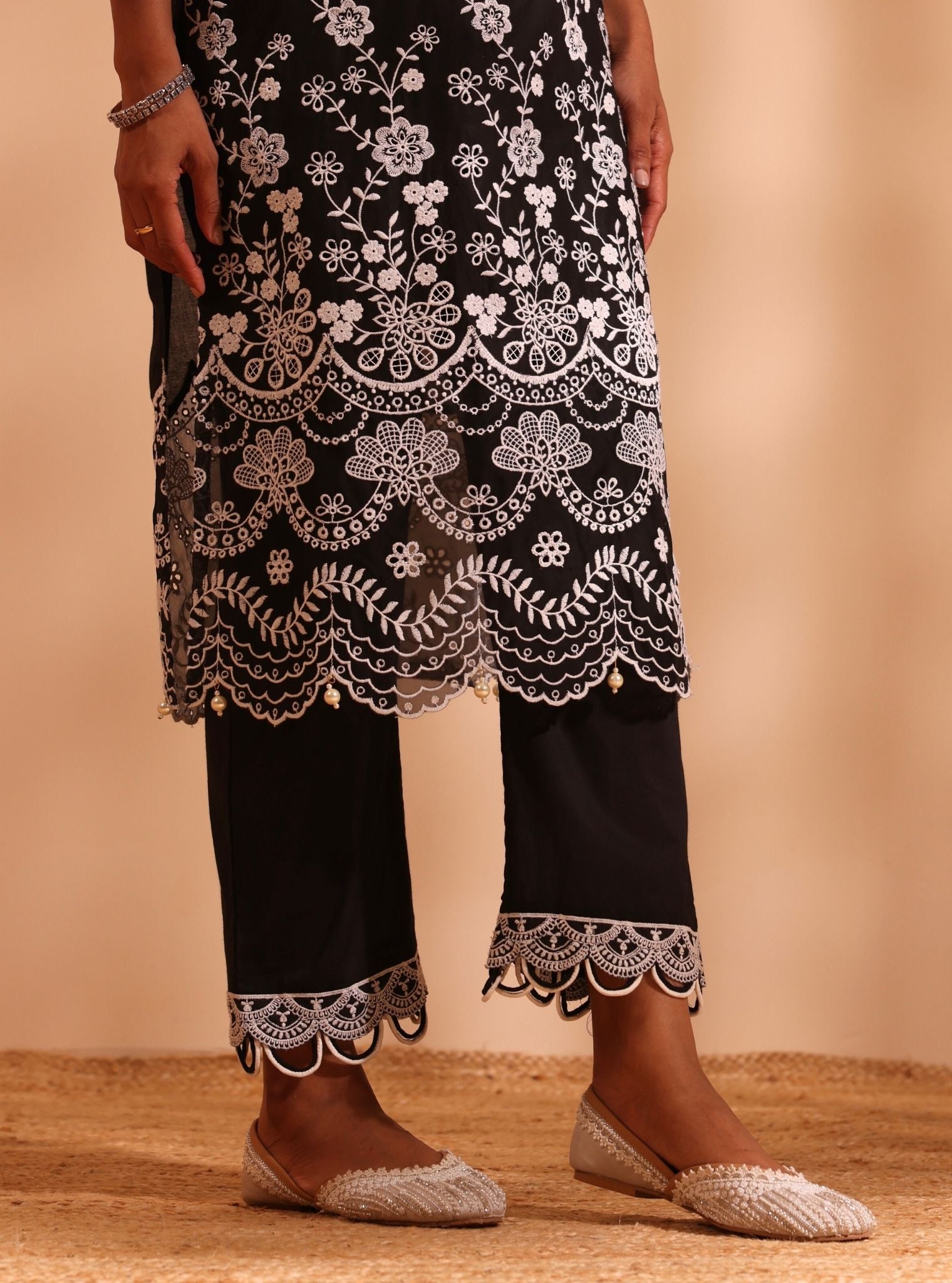 Mulmul Cotton Suma Black Kurta With Mulmul Cotton Ilya Black Pant