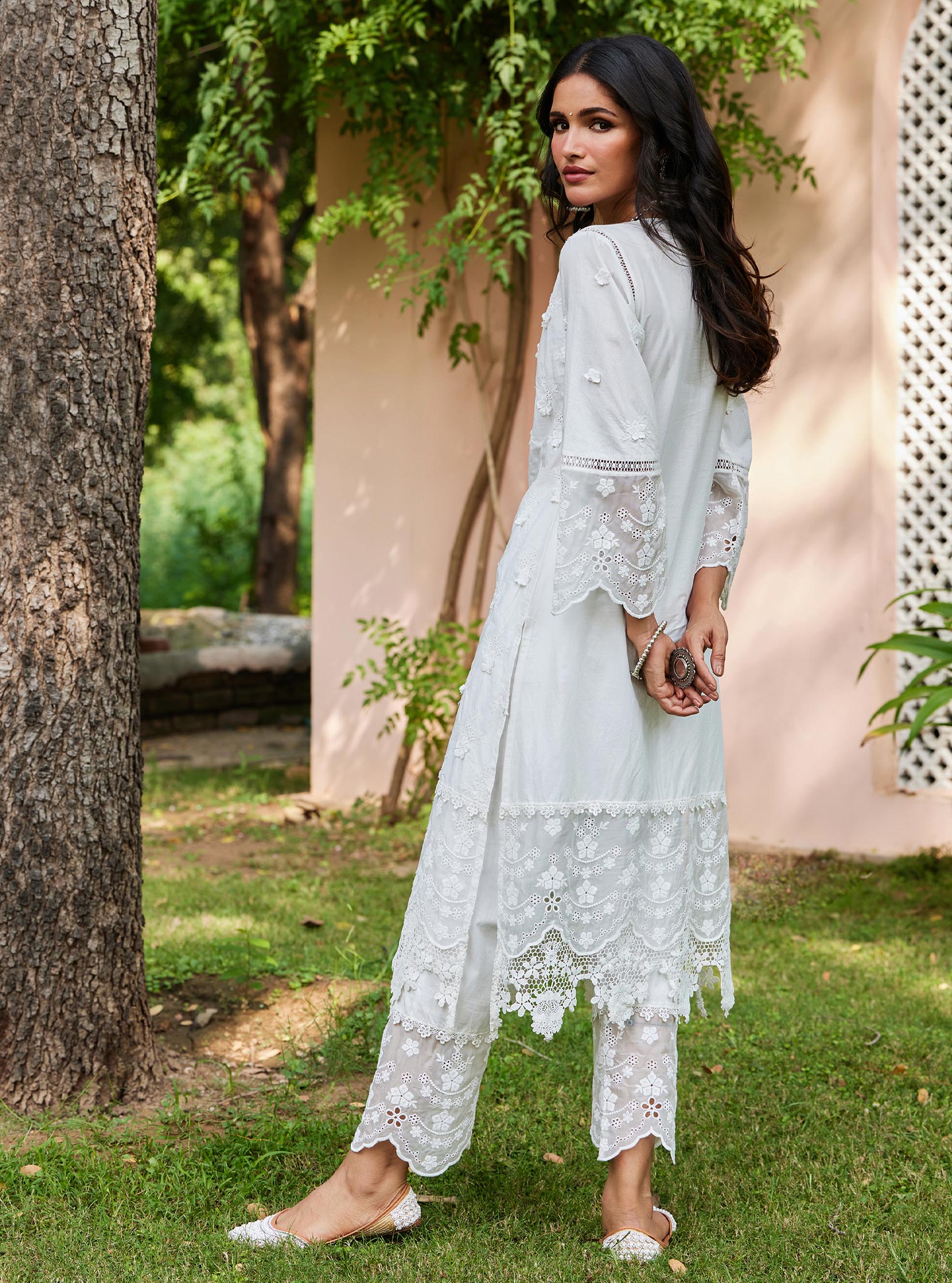 Mulmul Cotton Reeva Off White Kurta with New Pintuck White Pant