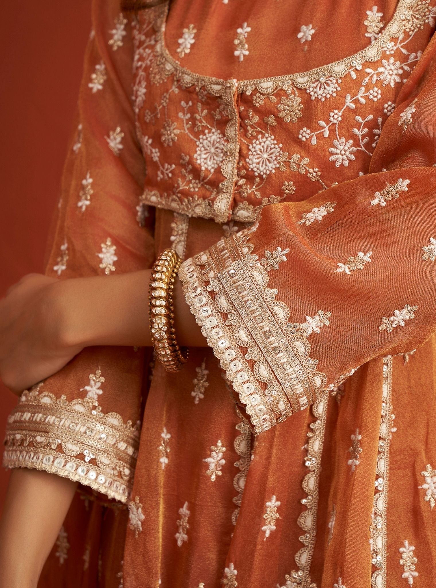 Mulmul Bemberg Tissue Genda Burnt Orange Anarkali Kurta