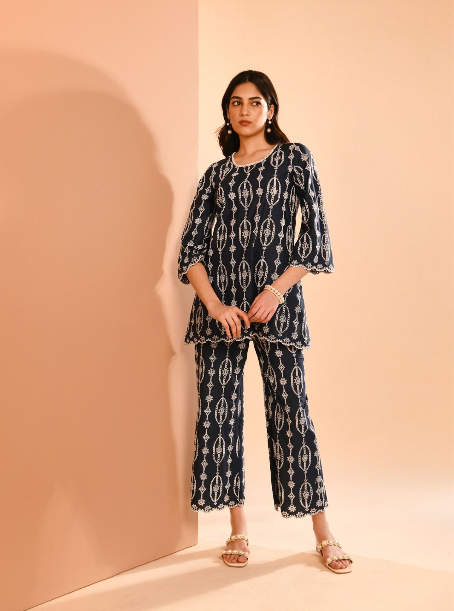 Mulmul Cotton Reeve Navy Top With Mulmul Cotton Reeve Navy Pant