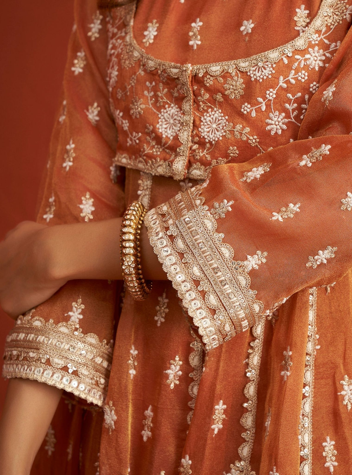 Modal Satin Louna Burnt Orange Anarkali Kurta With Mulmul Satin Louna Burnt Orange Pant