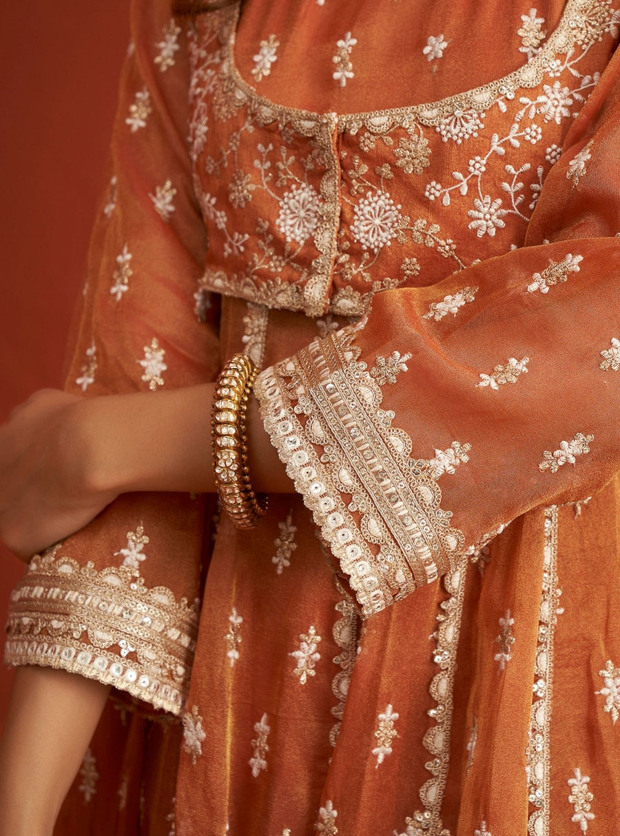 Emon Tissue Linen Satin Burnt Orange Kurta Set