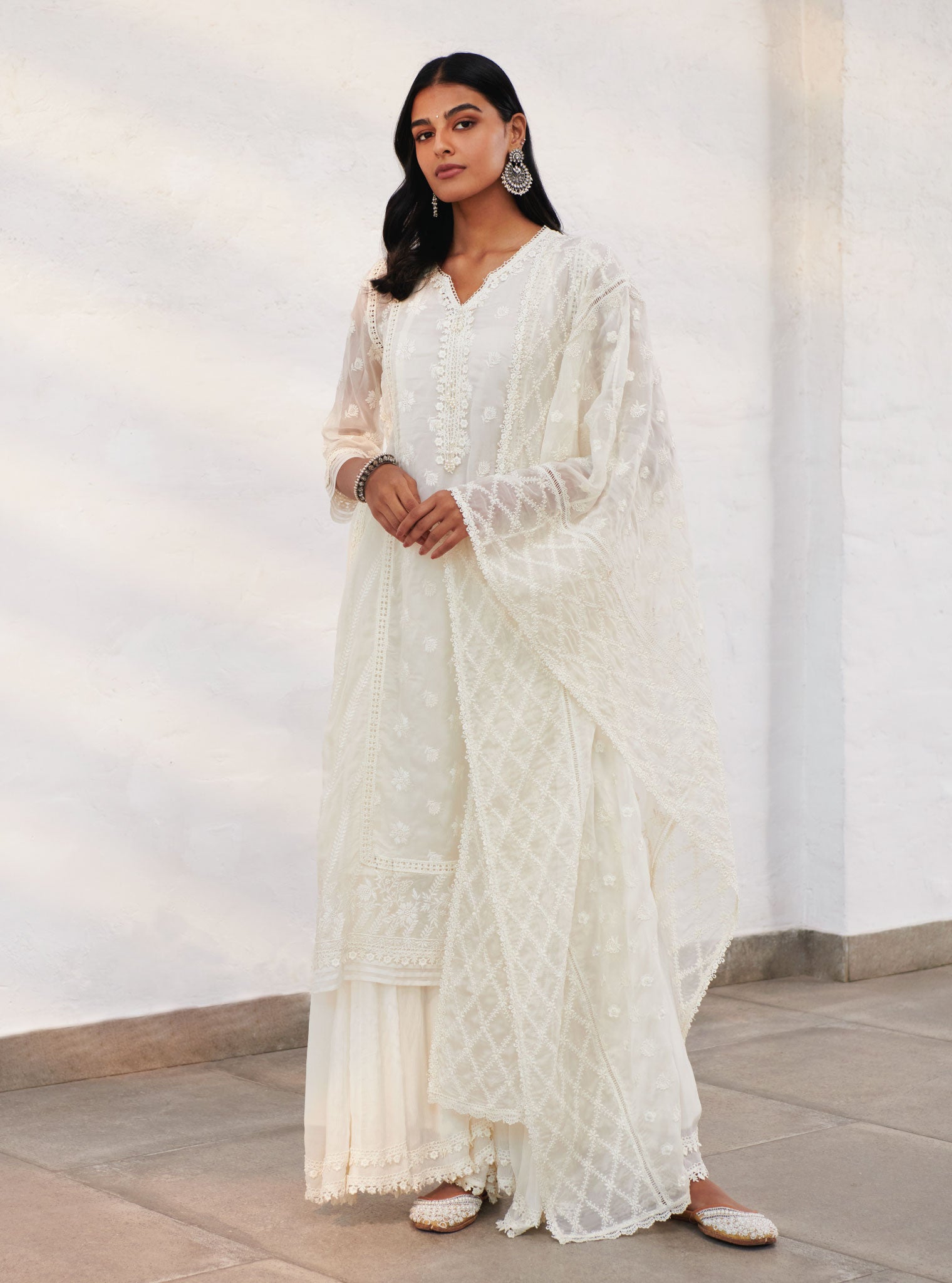 Mulmul Organza Armagh Off White Kurta With Chiffon Armagh Off White Sharara