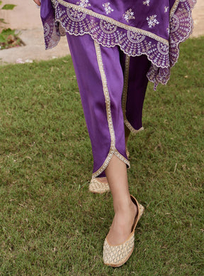 Mulmul Cupro Kasuni Purple Kaftan with Mulmul Cupro Kasuni Dhoti Purple Pant