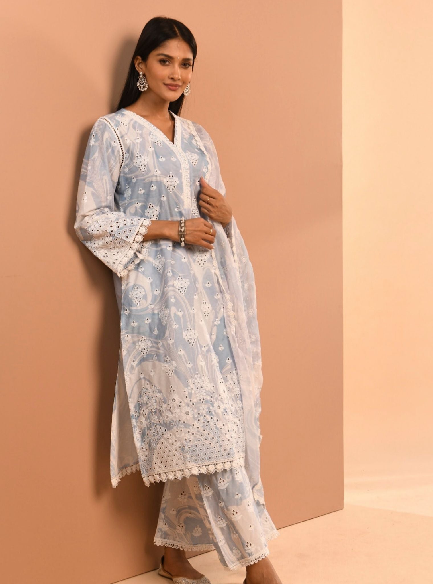 Mulmul Cotton Marble Opal Blue Kurta
