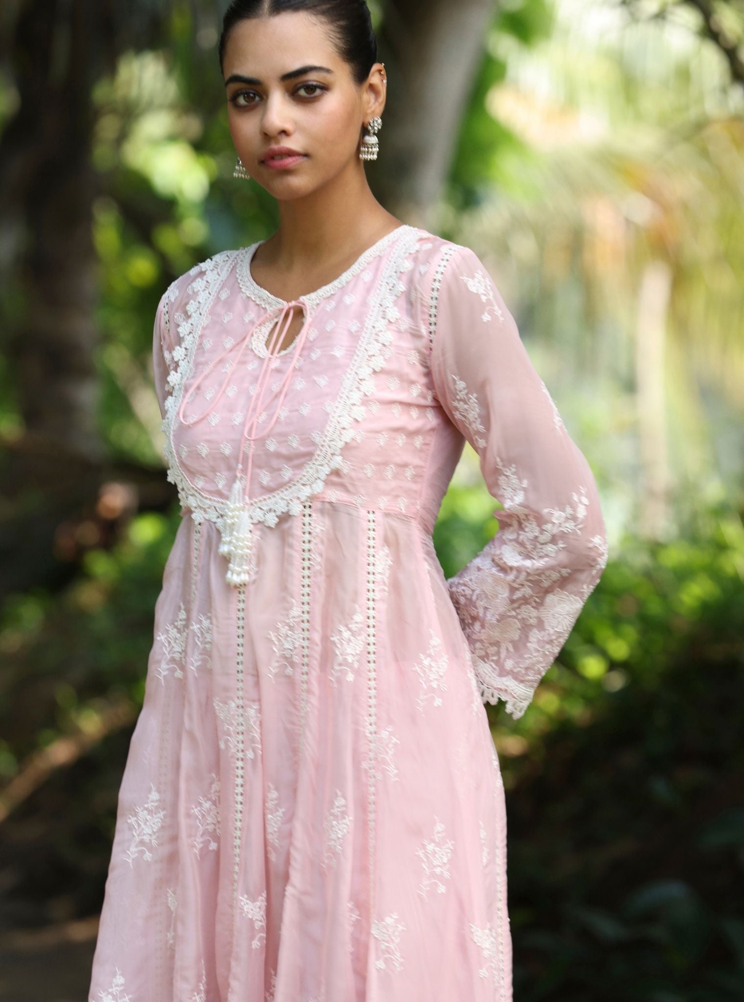 Mulmul Organza Neesa Pink Anarkali Kurta With Mulmul Cotton Neesa Pink Pant