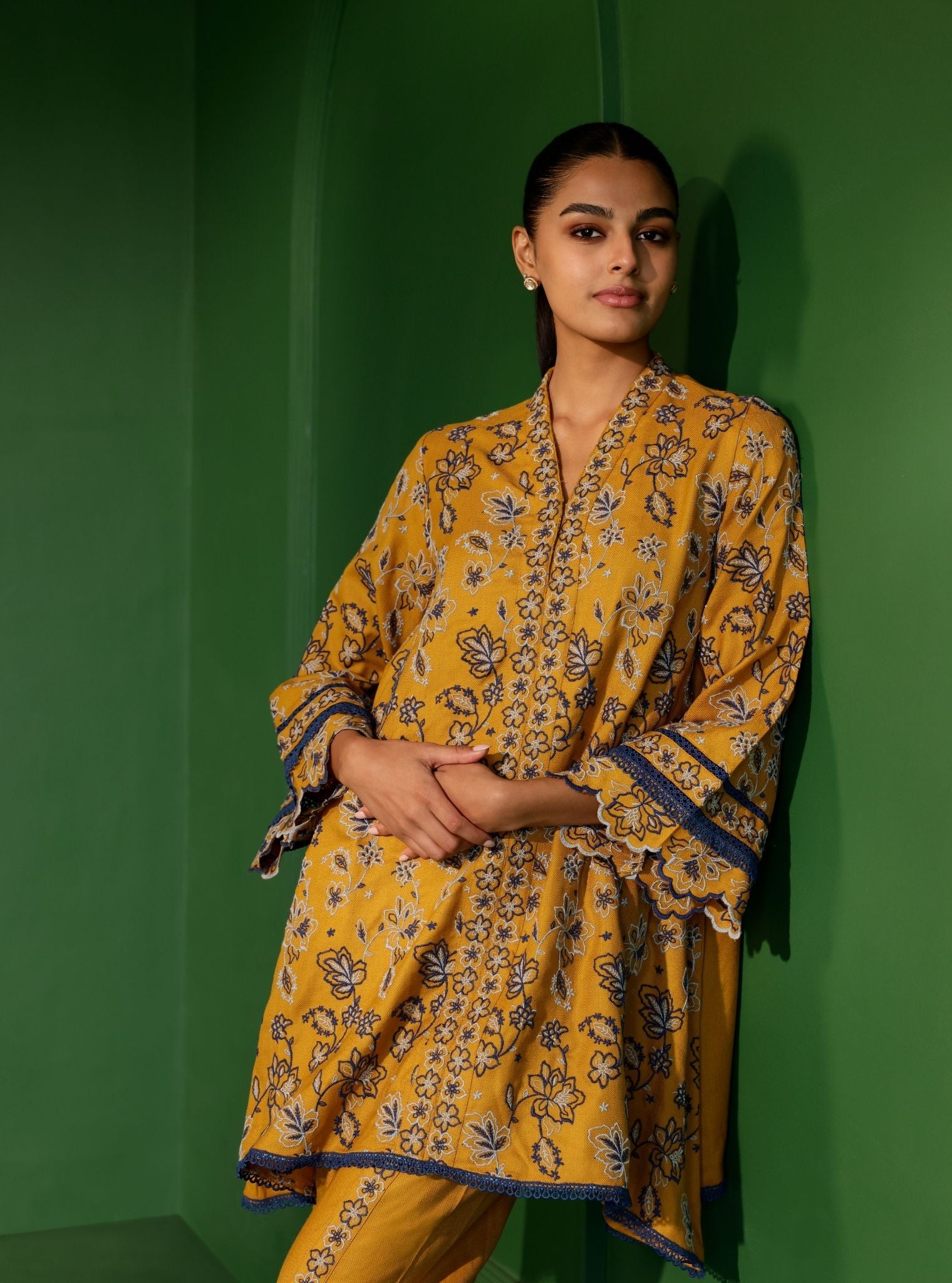 Mulmul Wool Ellis Mustard Kurta With Mulmul Wool Ellis Mustard Pant