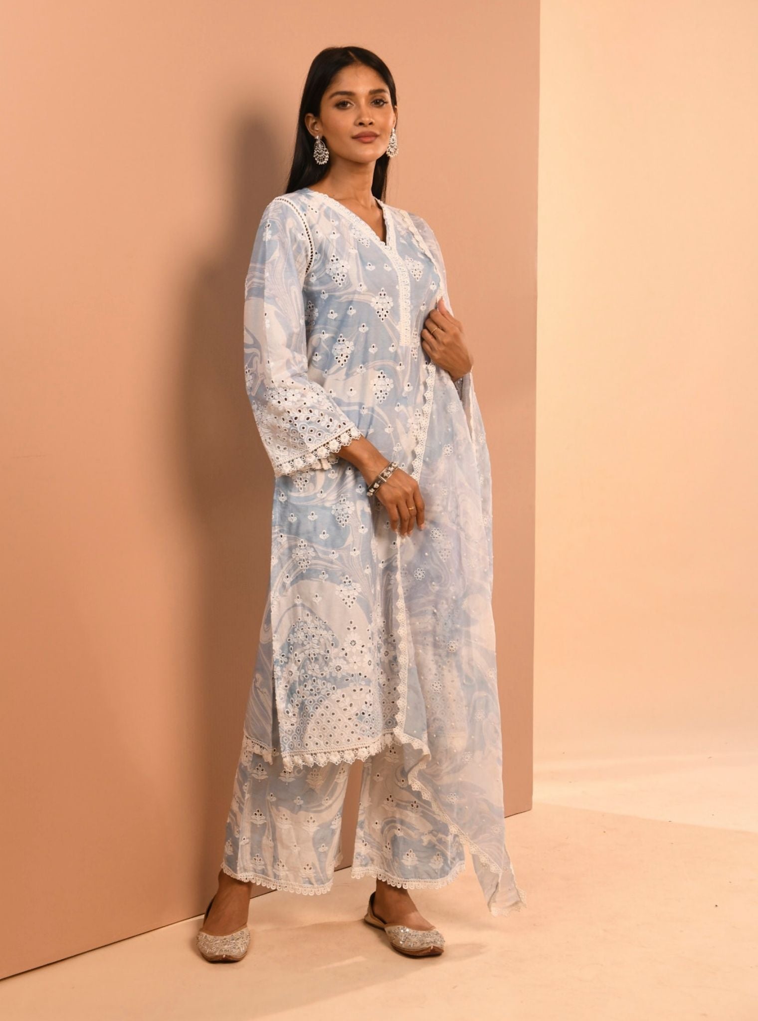 Mulmul Cotton Marble Opal Blue Kurta
