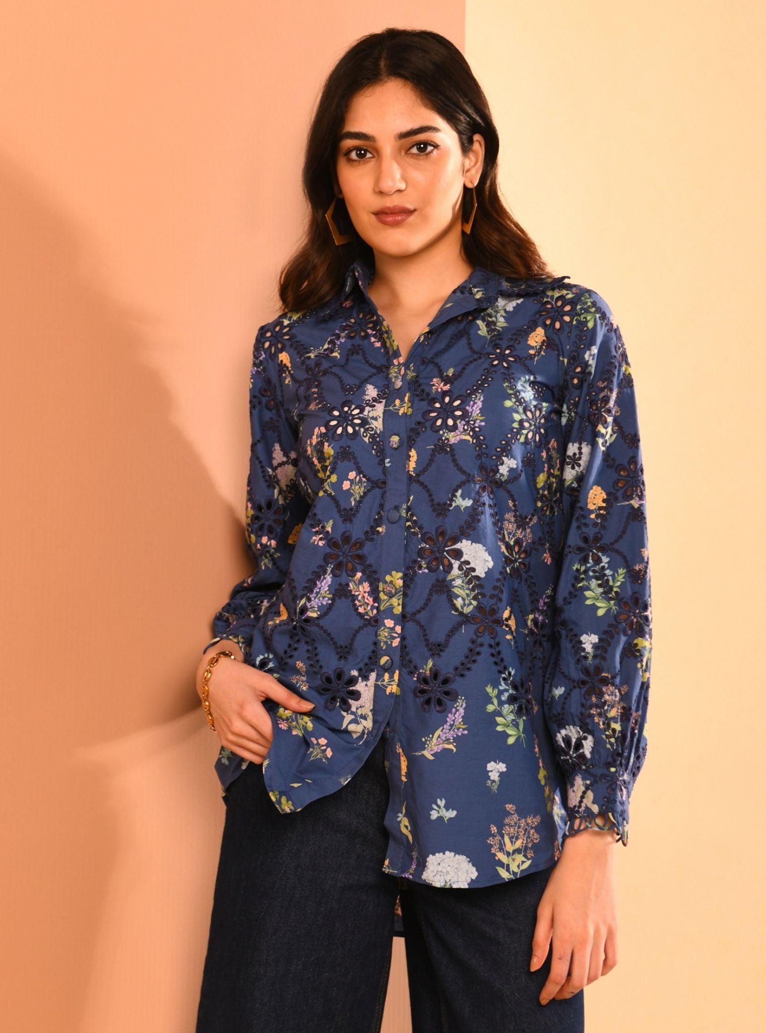 Mulmul Iconic Cotton Jem Printed Navy Shirt