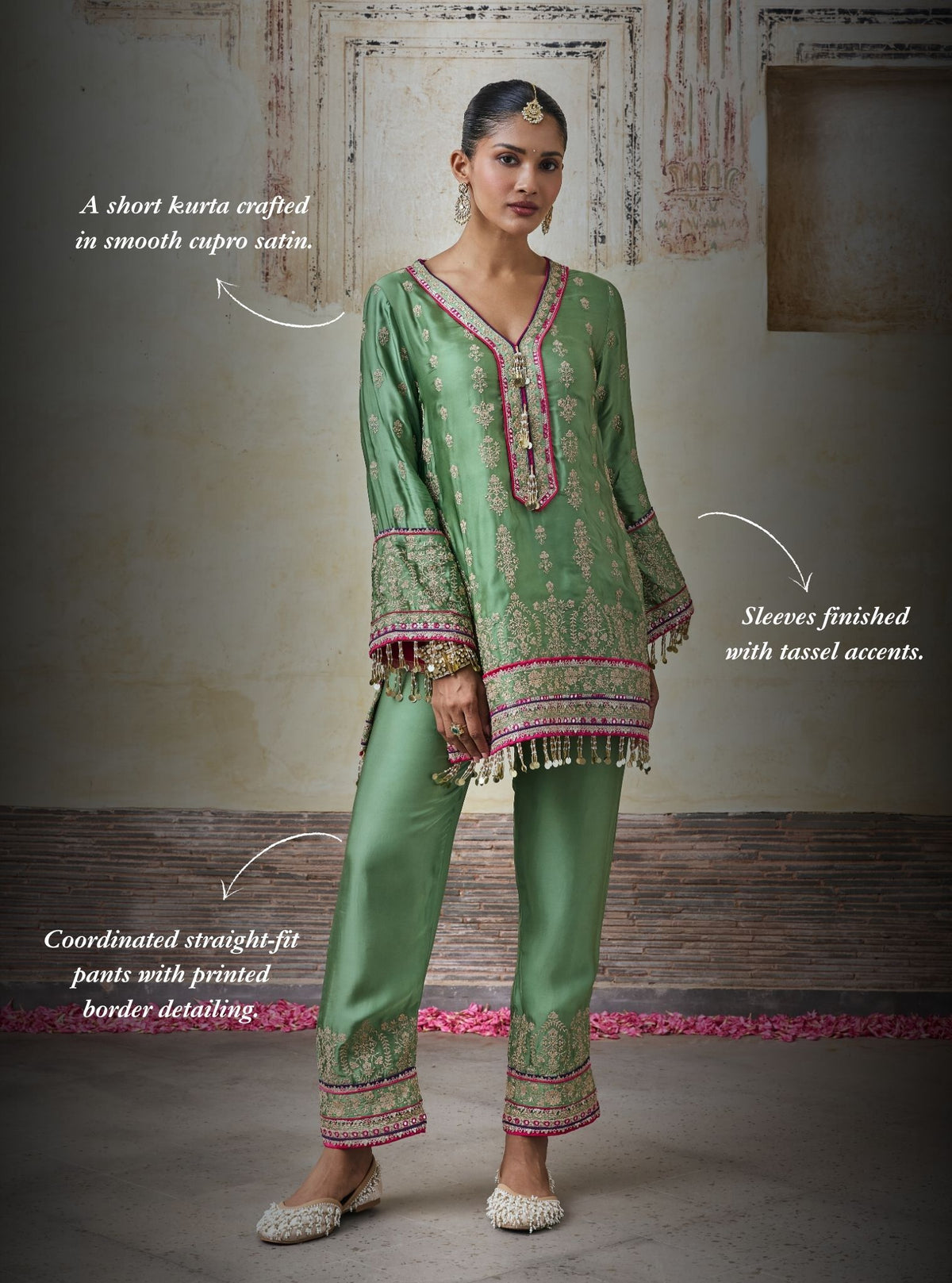 Yaira Cupro Satin Matcha Green Kurta Set