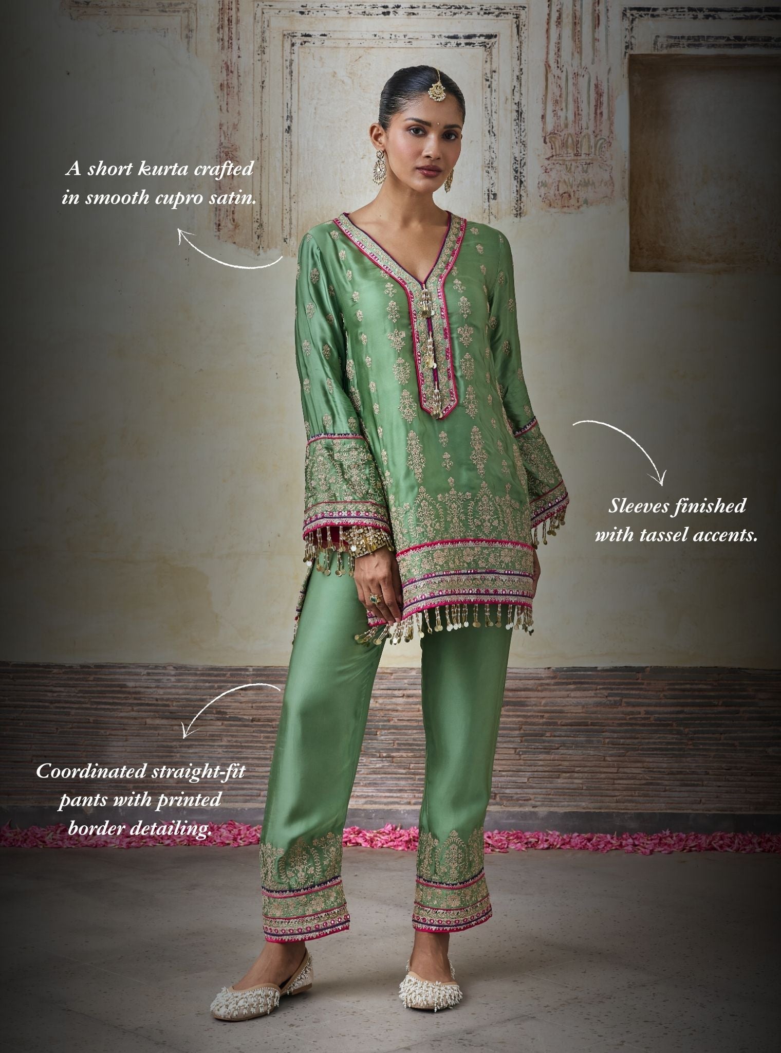 Yaira Cupro Satin Matcha Green Kurta Set