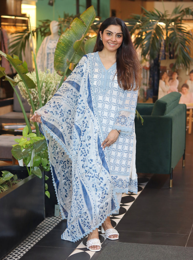 Set Anarkali Kurta con stampa floreale in misto cotone verde salvia - Kashmiria Fashion