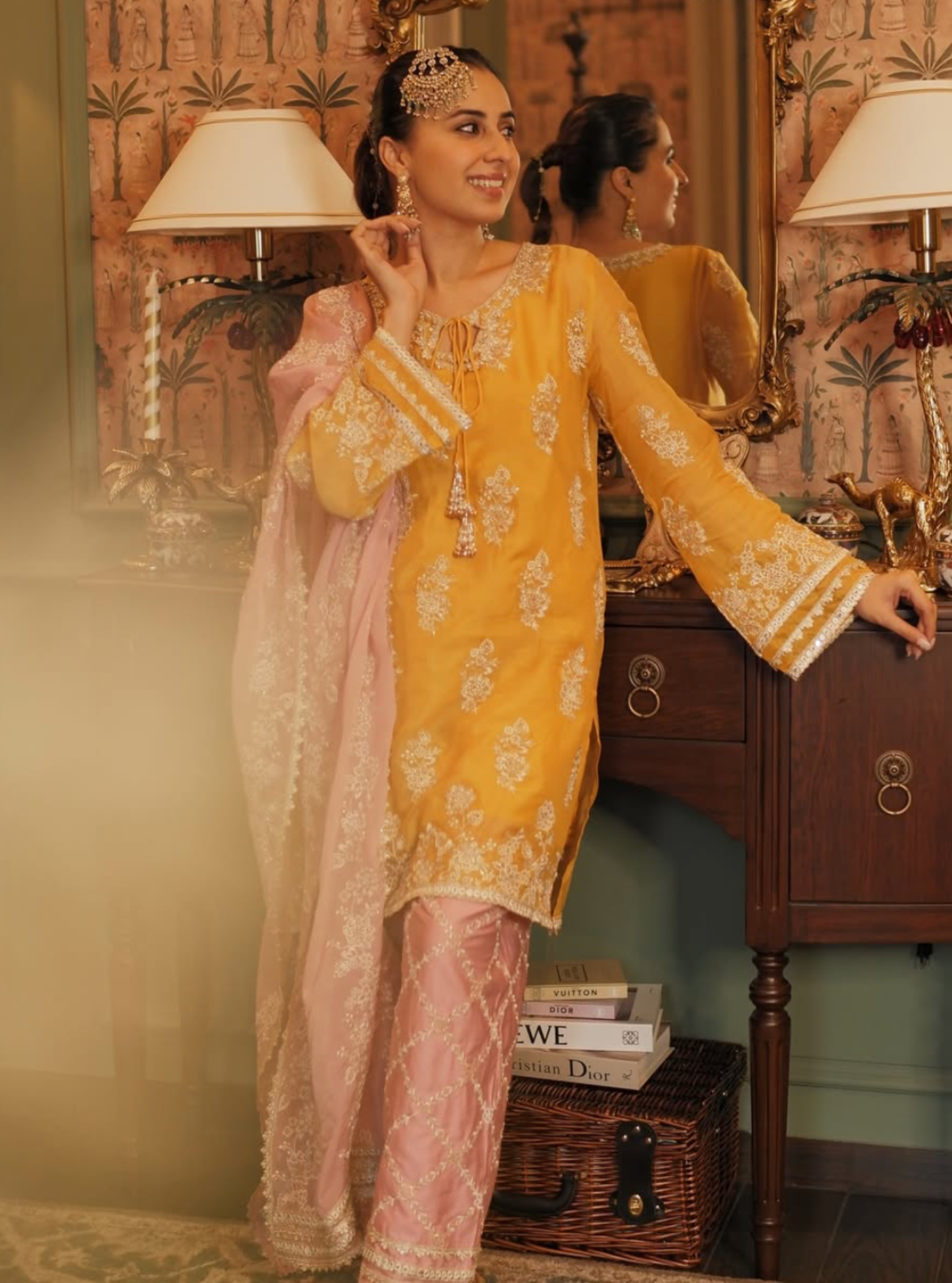 Mulmul Organza Khwab Yellow Kurta With Mulmul Pima Satin Khwab Pink Pant