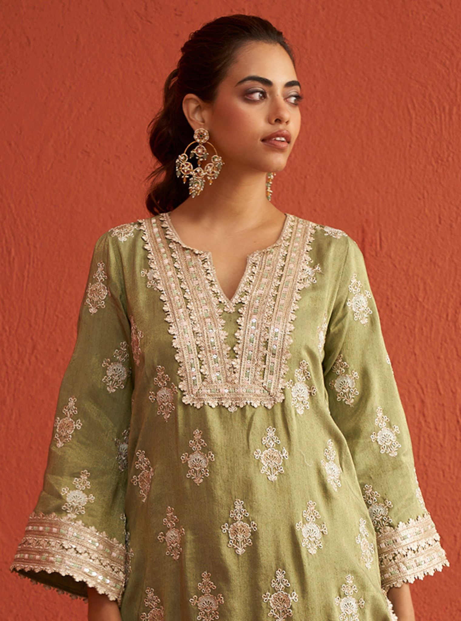 Mulmul Luxe Tissue Mitthi Sage Green Kurta With Mulmul Luxe Tissue Mitthi Sage Green Pant