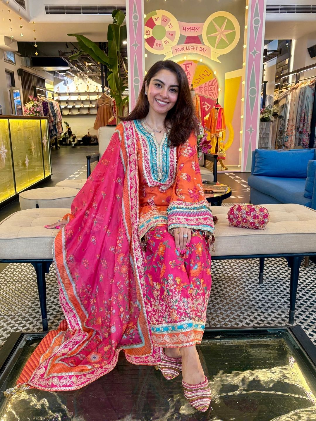 Elia Lawn Printed Orange Kurta with Farshi Salwar