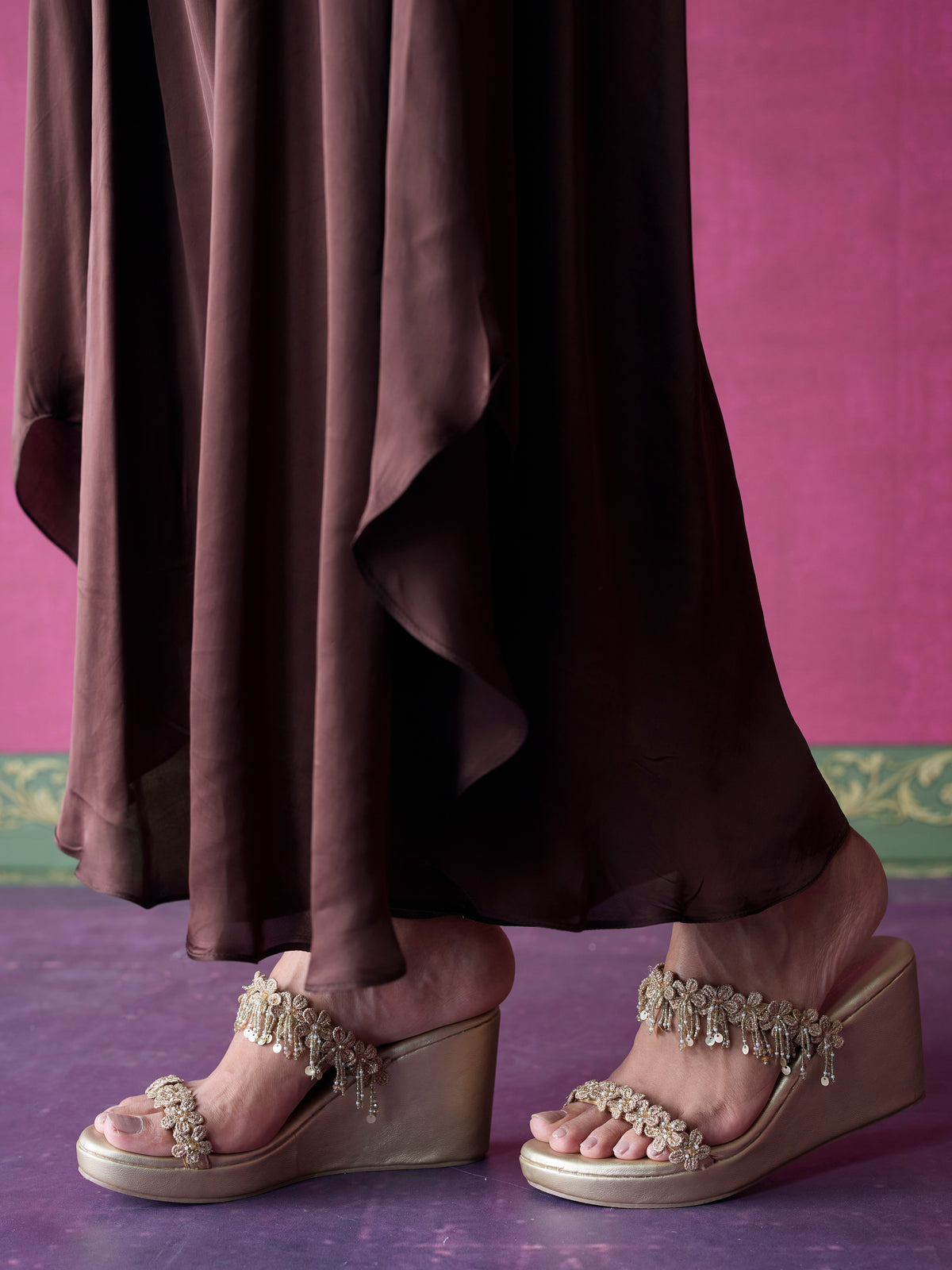 Nemi Cupro Satin Brown Short Kurta with Draped Pants