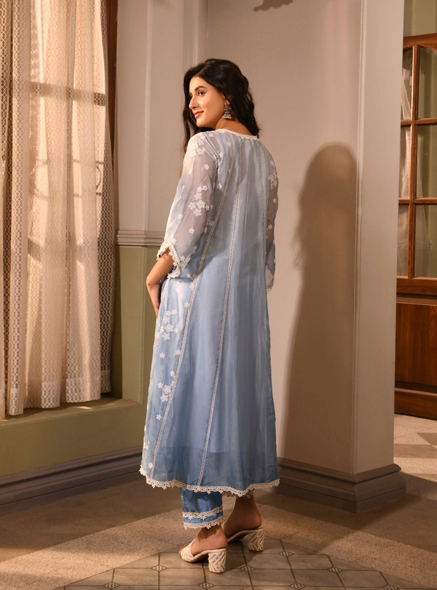 Mulmul Organza Aira Blue Anarkali  Kurta With Mulmul Cotton Aira Blue Pant