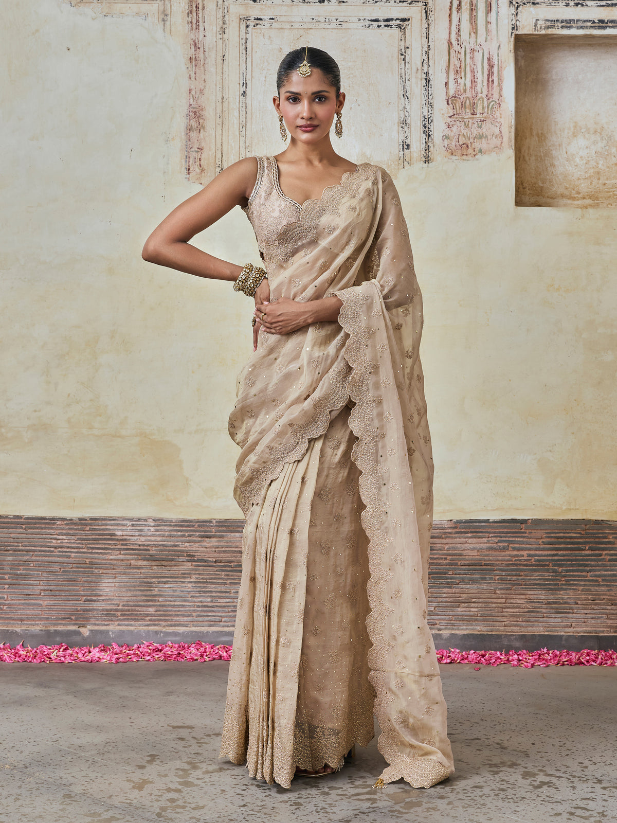Adiva Lurex Organza Champagne Pre-draped Saree