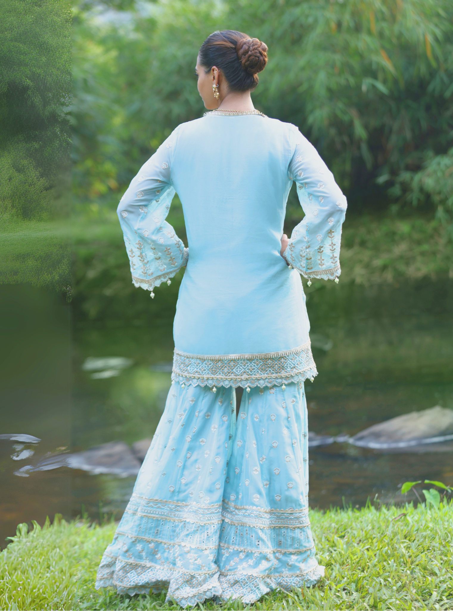 Mulmul Organza Kahani Blue Kurta With Mulmul Organza Kahani Blue Sharara