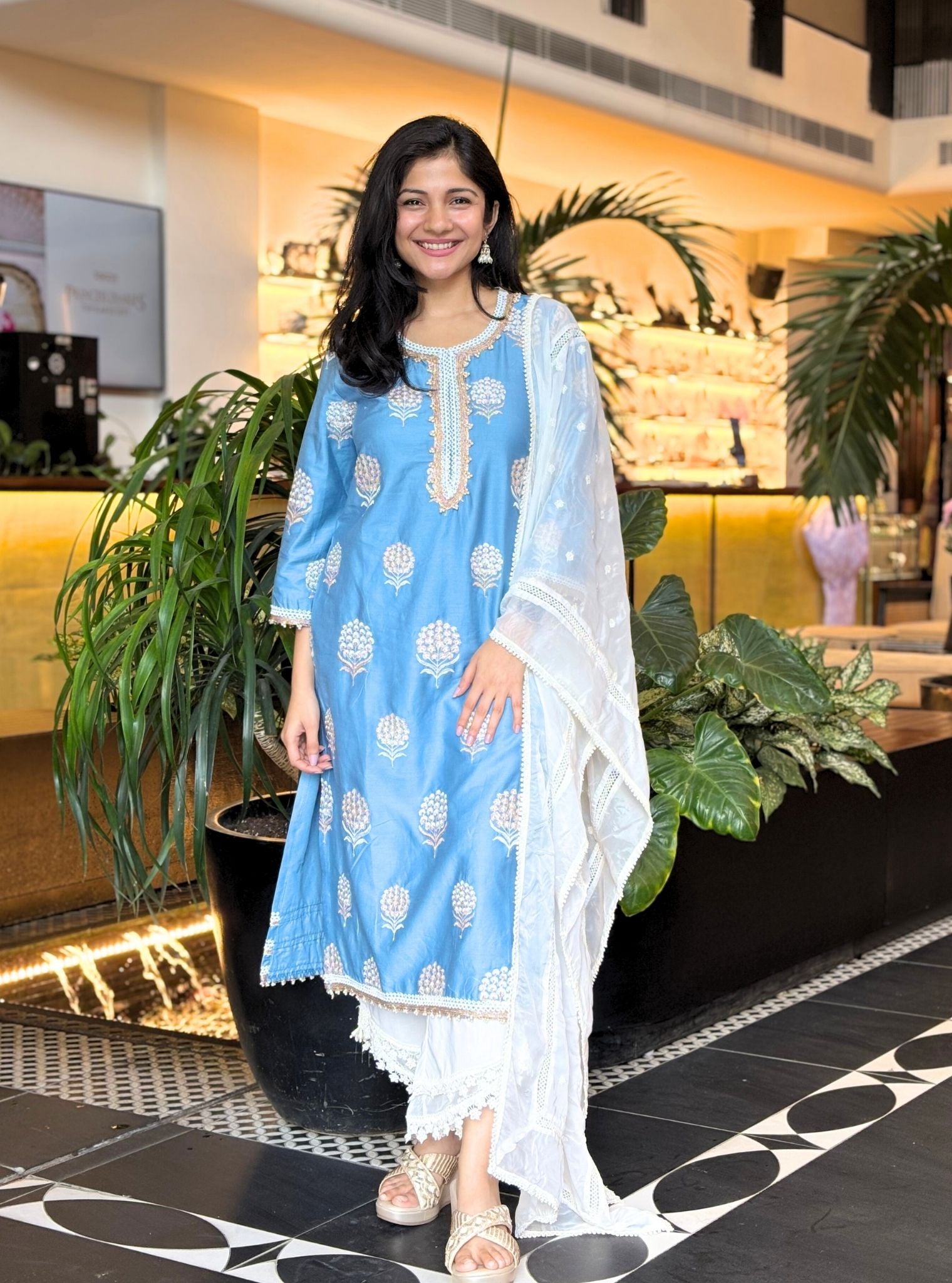Mulmul Supima satin Amira Blue Kurta With Keerth White Pant