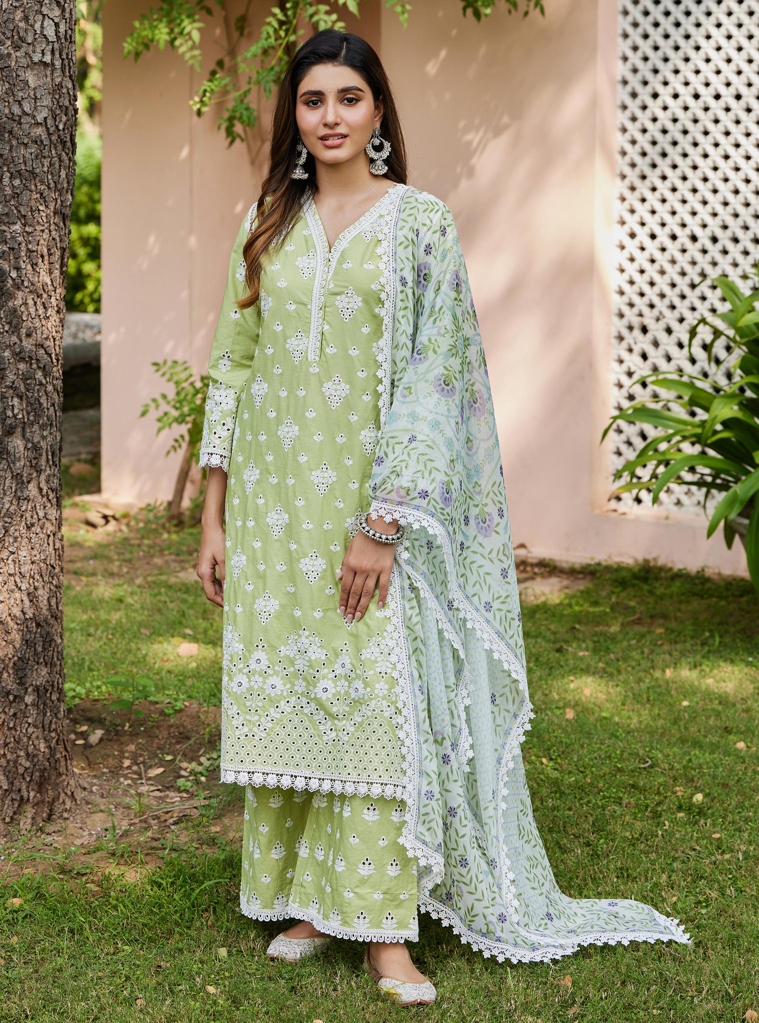 Mulmul Cotton Peehu Green Kurta