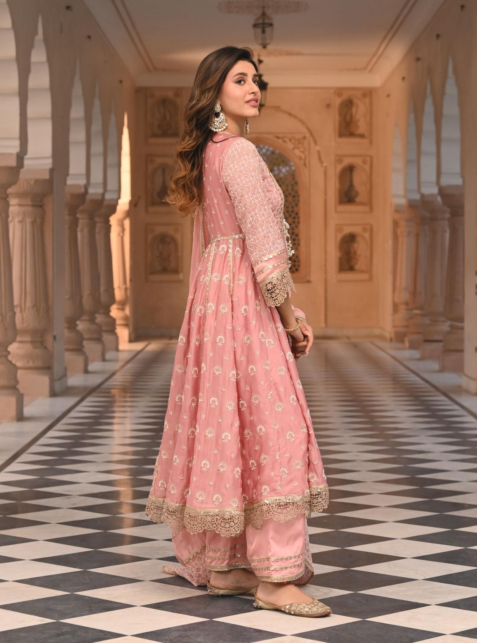 Mulmul Organza Satin Navrai Light Pink Anarkali Kurta with Mulmul Luxe Satin Navrai Light Pink Pant