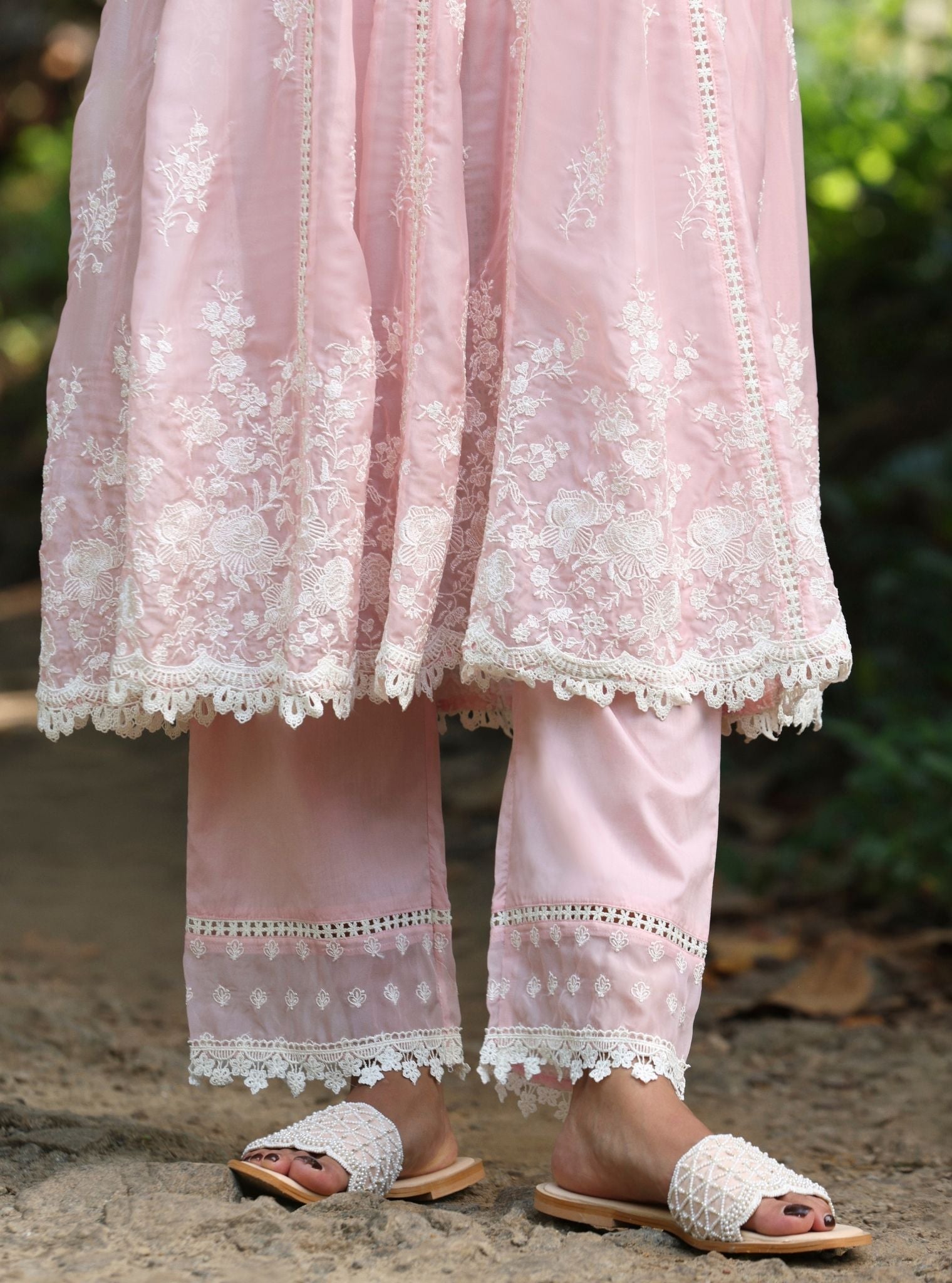 Mulmul Organza Neesa Pink Anarkali Kurta With Mulmul Cotton Neesa Pink Pant