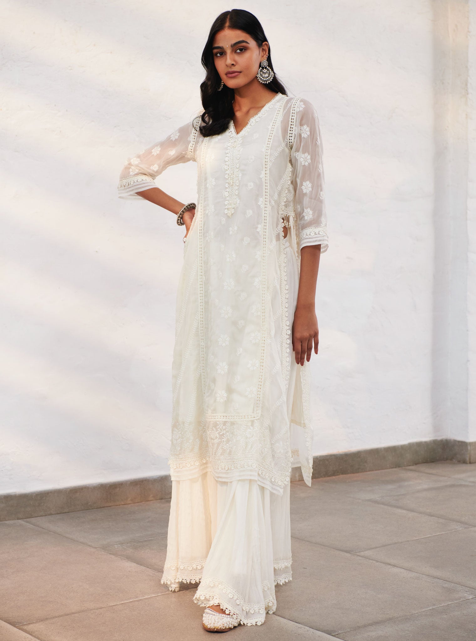 Mulmul Organza Armagh Off White Kurta With Chiffon Armagh Off White Sharara