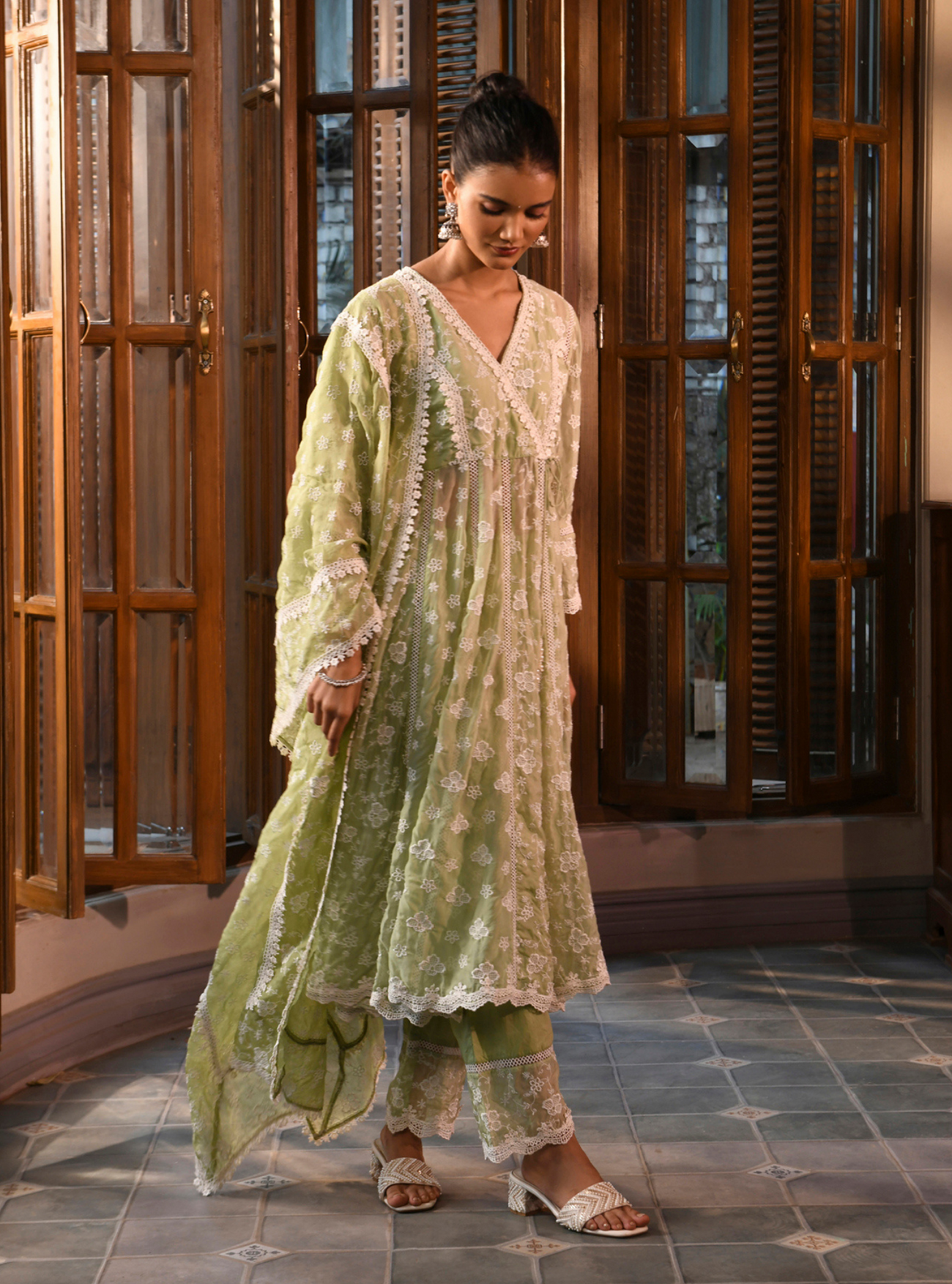 Bolour Organza Green Anarkali Set main image 1