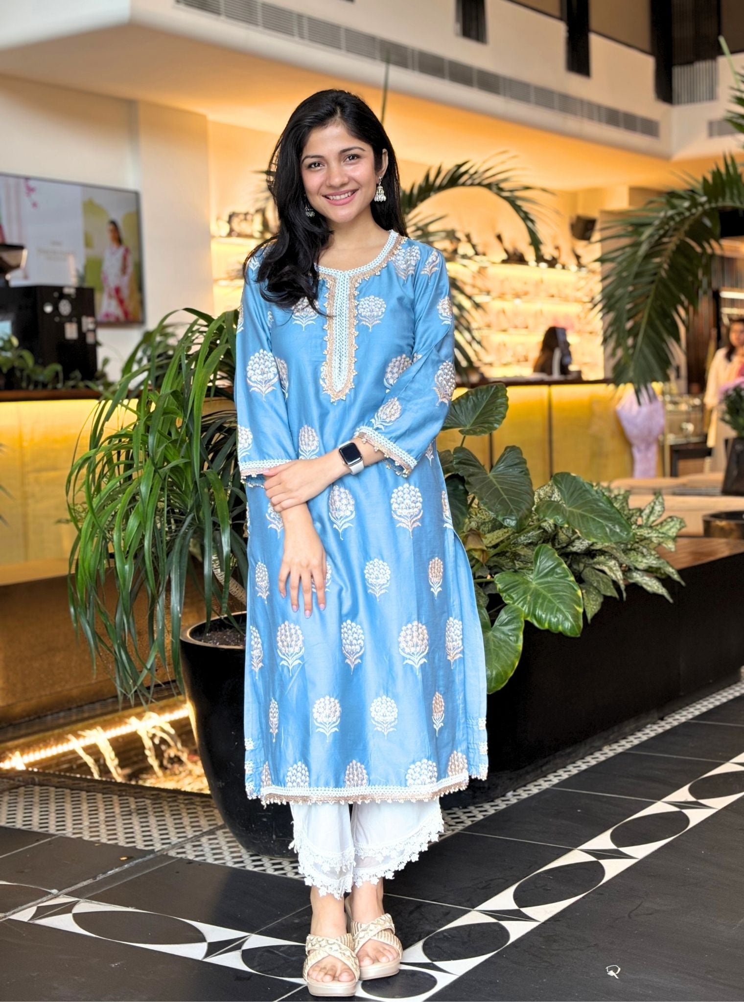 Mulmul Supima satin Amira Blue Kurta With Keerth White Pant