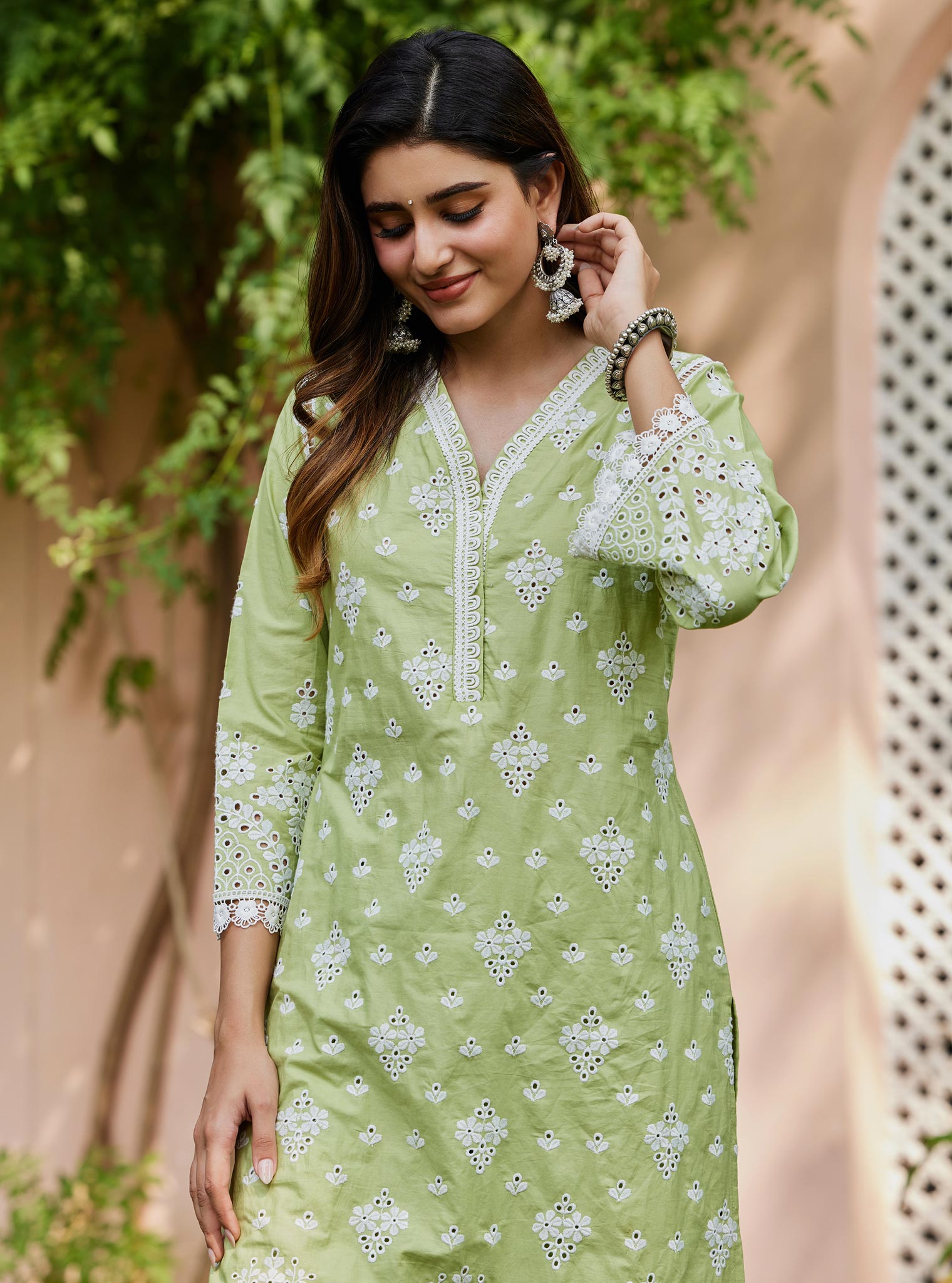 Mulmul Cotton Peehu Green Kurta
