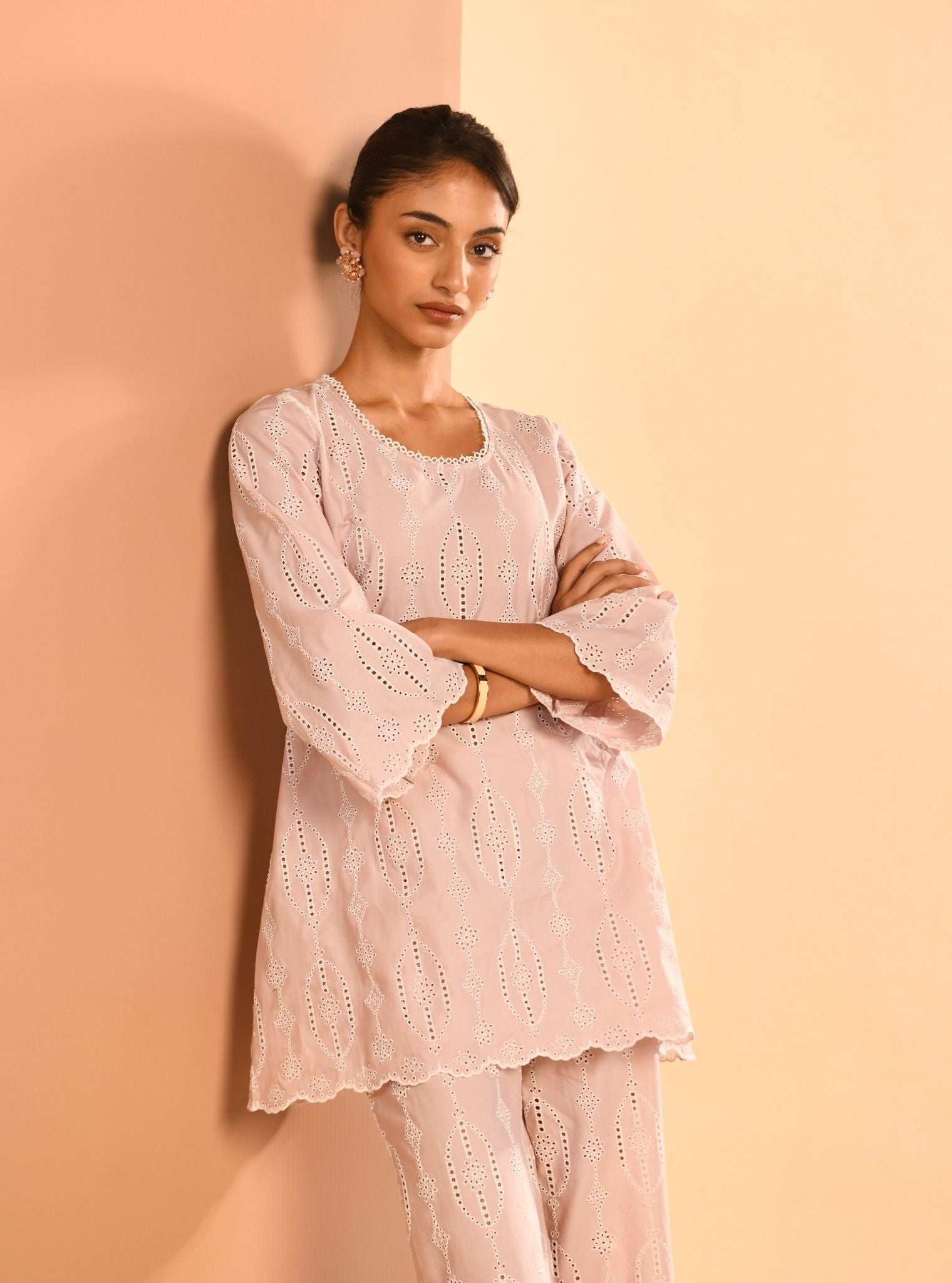 Mulmul Cotton Reeve Dusty Pink Top With Mulmul Cotton Reeve Dusty Pink Pant